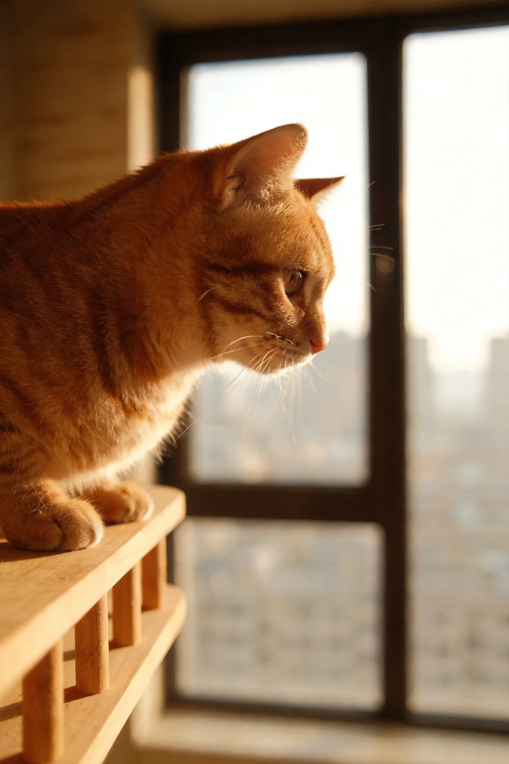 橘色短毛家猫趴在木制平台上,皮毛纹理清晰,处于明亮光线中。