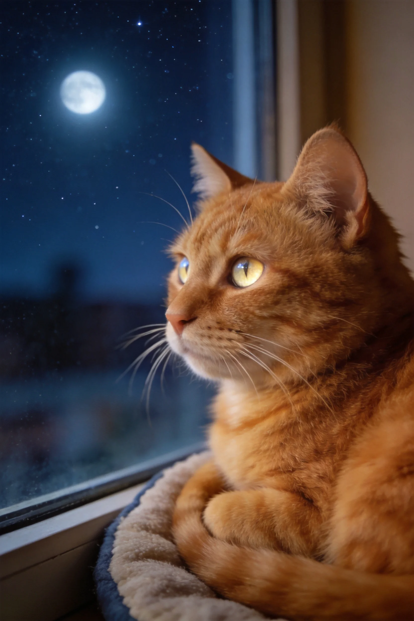 橘色短毛家猫有着明亮的黄色眼睛，正安静地坐在窗边凝视夜空的月亮。