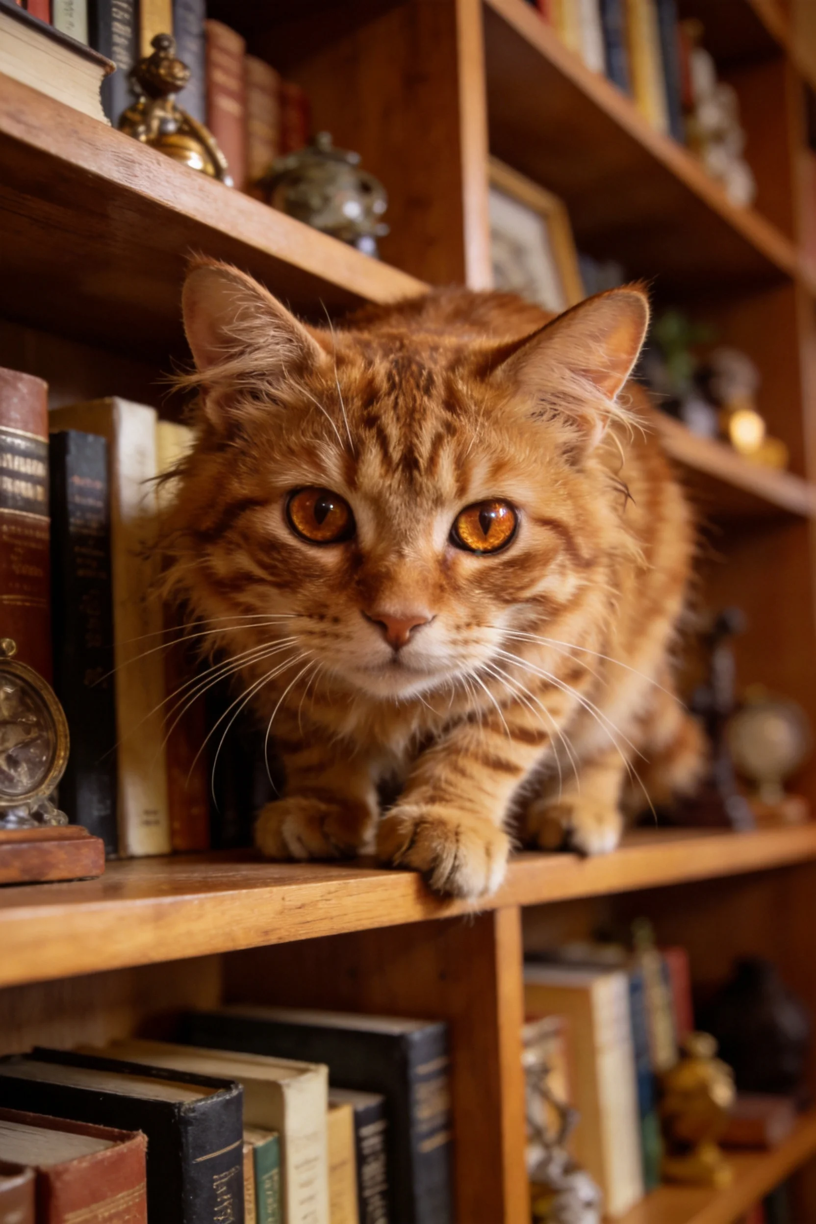 书架上的橘色短毛虎斑猫,有着明亮的橙黄色眼睛和清晰的虎斑纹路,前爪轻搭在书架边缘。