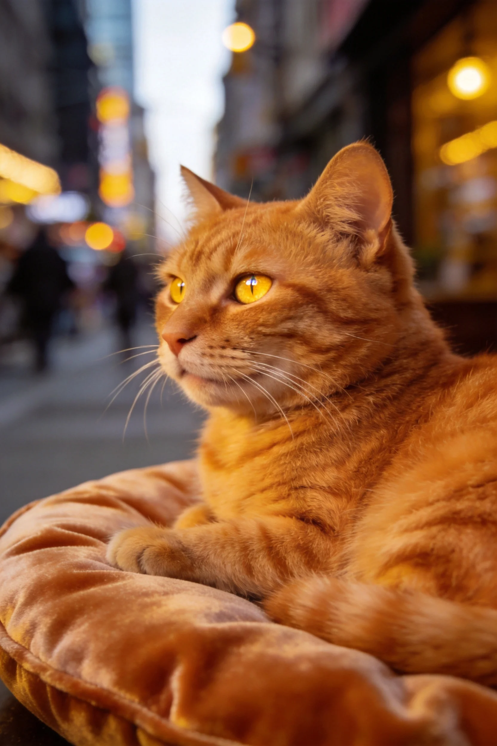 短毛橘猫拥有明亮的黄色眼睛,橙黄色皮毛带有条纹,安静地坐在绒面垫上。