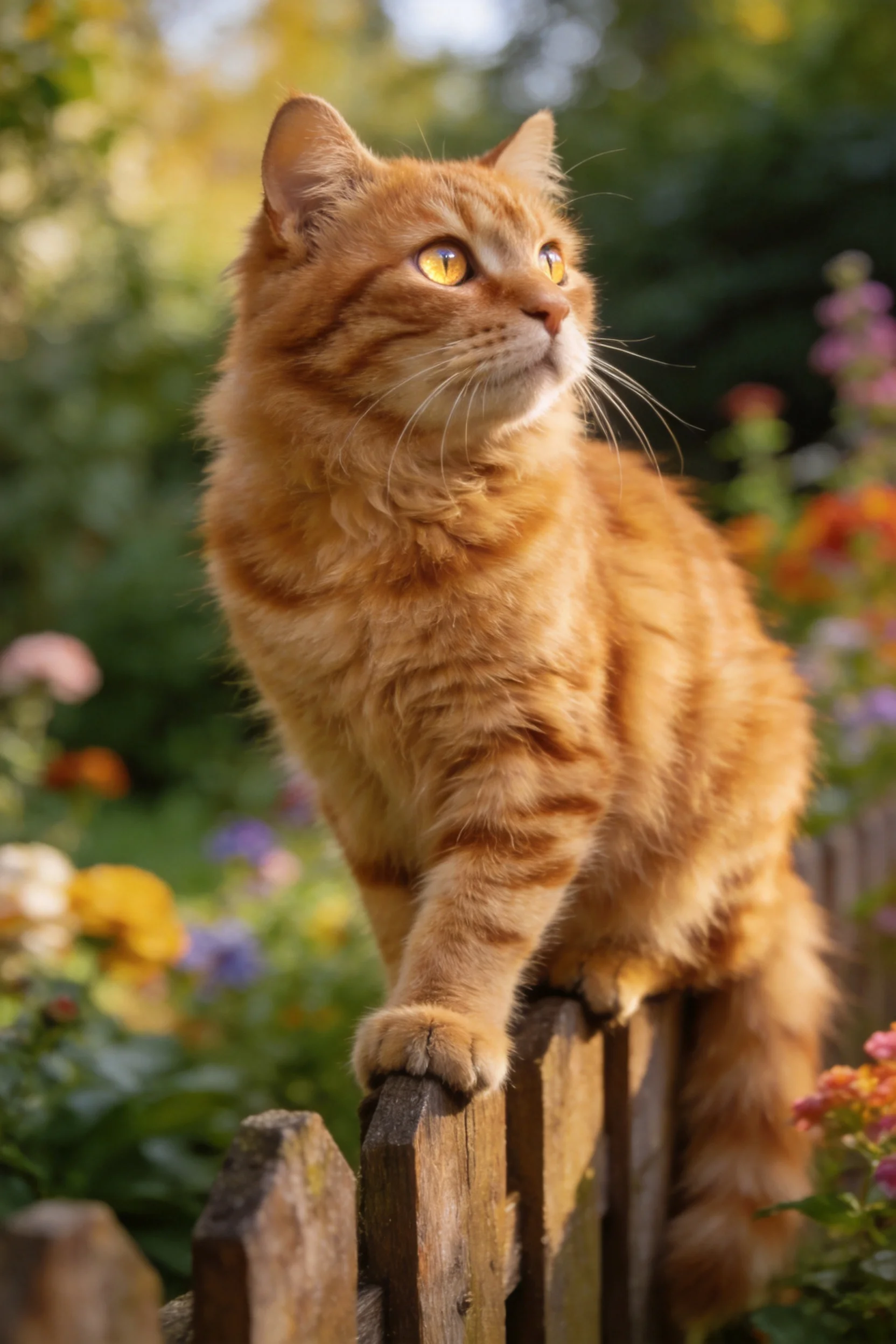 一只橘色虎斑短毛猫,有着金黄色的眼睛和带条纹的橘色皮毛,前爪搭在木质栅栏顶端,目光看向远方。