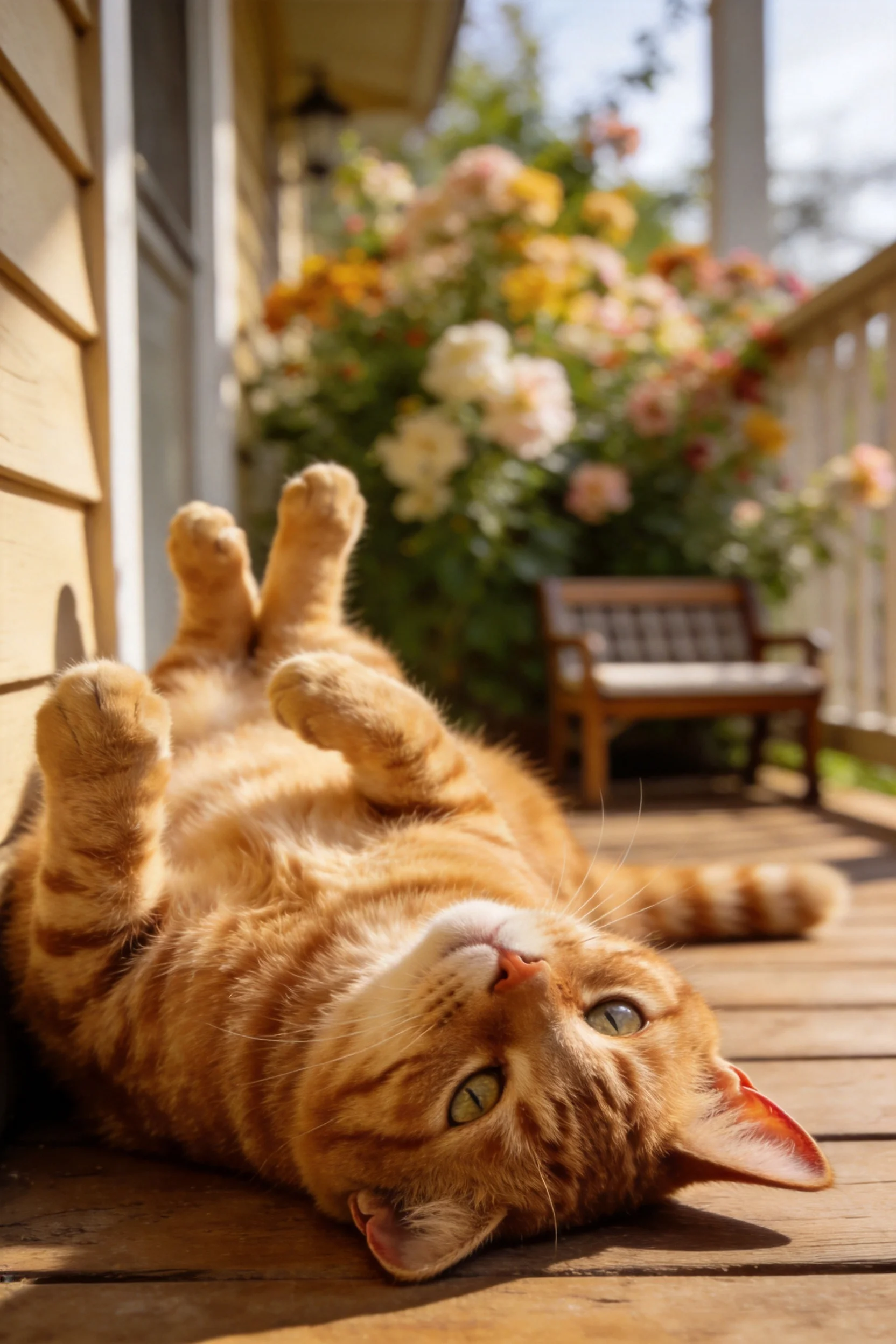 一只橘猫仰卧在木质平台上,橙黄色带深色斑纹的皮毛清晰可见,耳朵竖立。