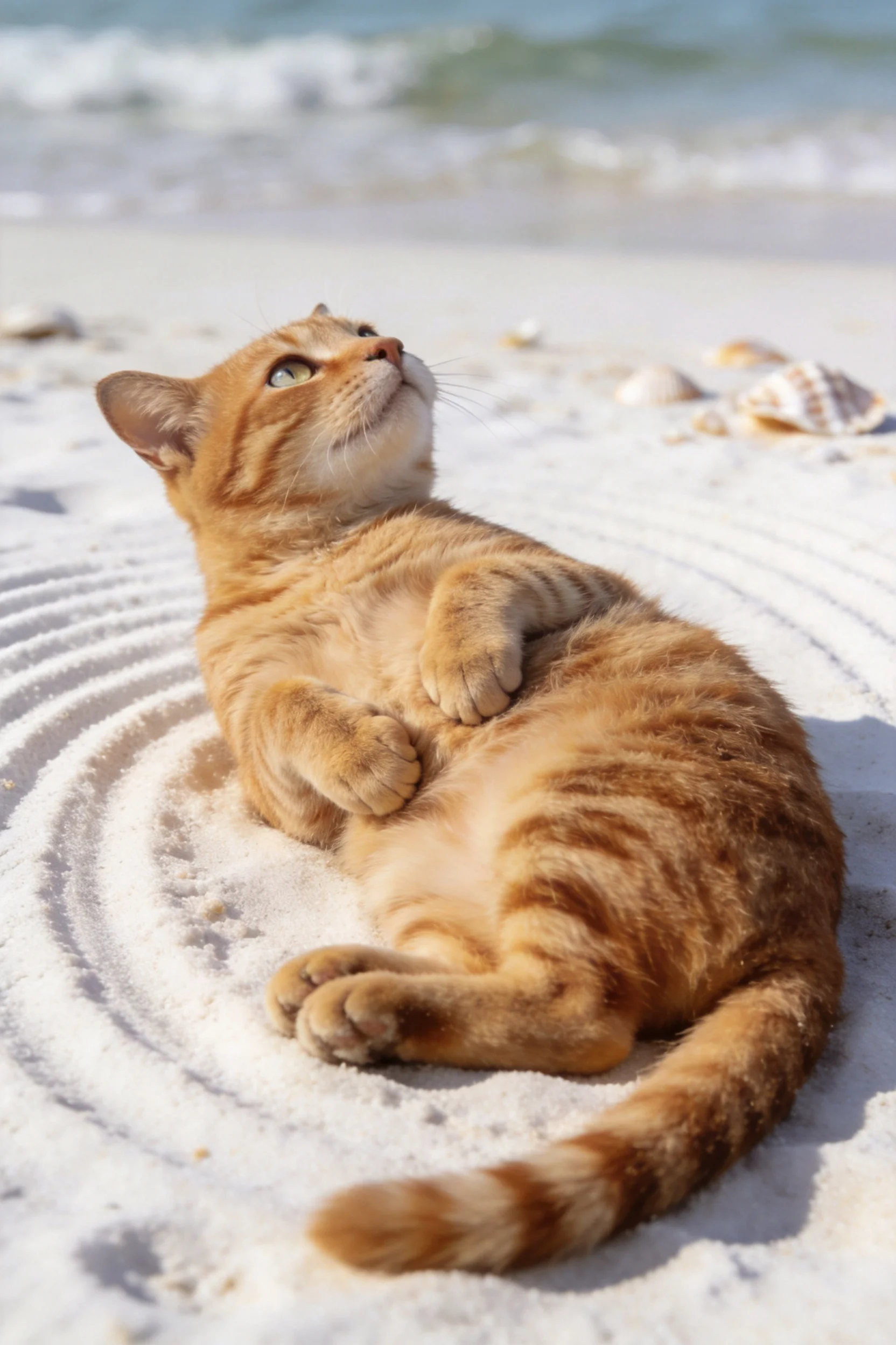 橘色短毛家猫仰卧沙滩,皮毛呈现橙黄色虎斑纹理,目光看向远方。