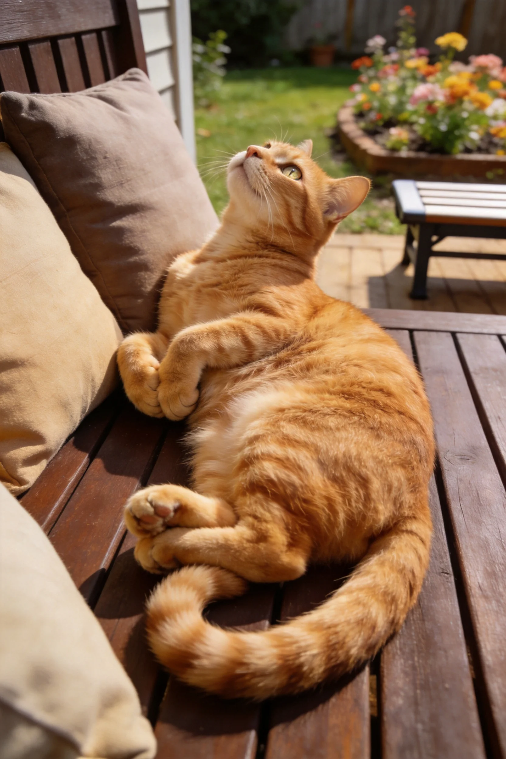 橘色短毛家猫抬头仰望,蓬松的皮毛在阳光下显得柔软顺滑。