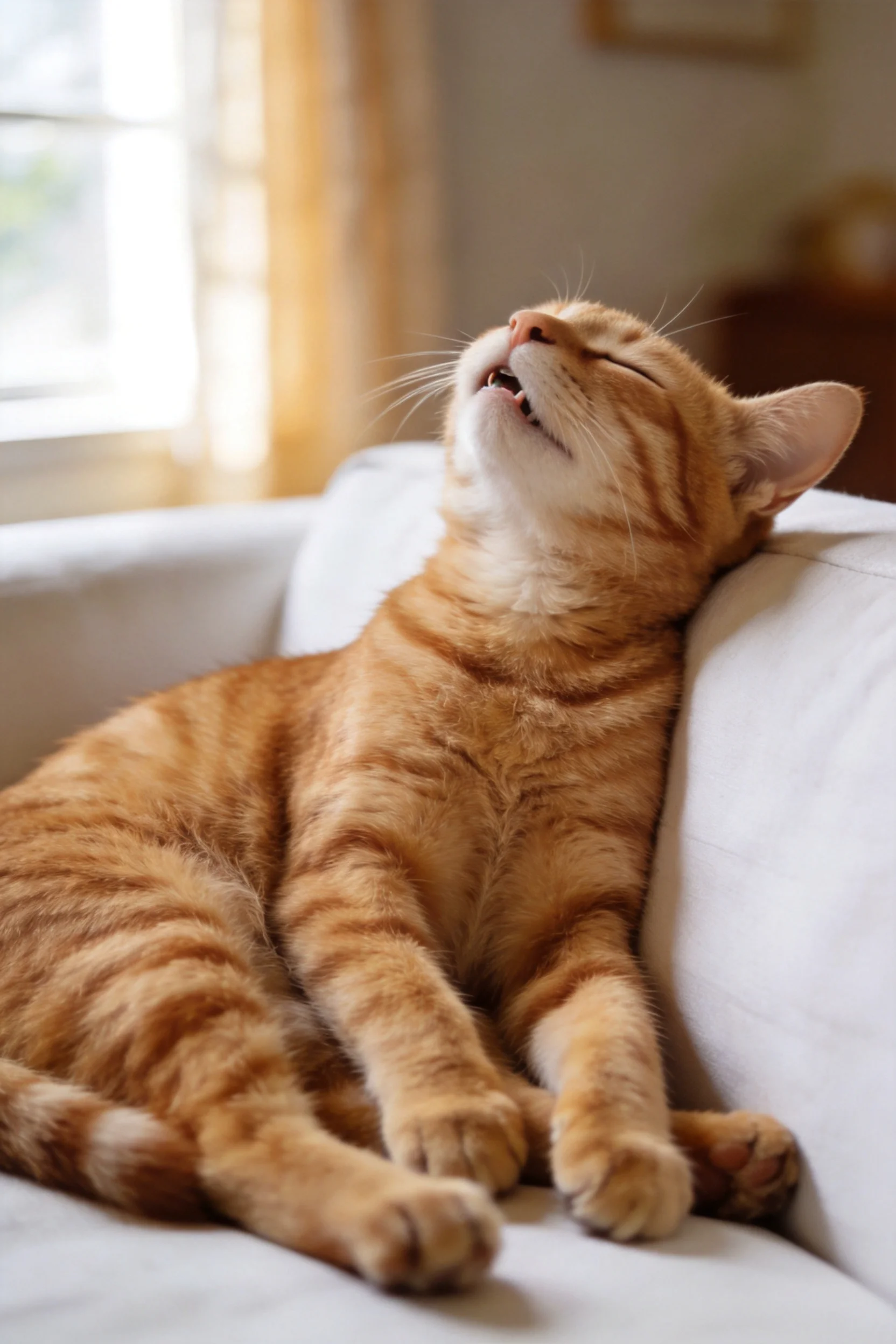 橘斑纹短毛猫仰视打哈欠,暖橙色皮毛带有清晰虎斑纹,嘴巴微张。