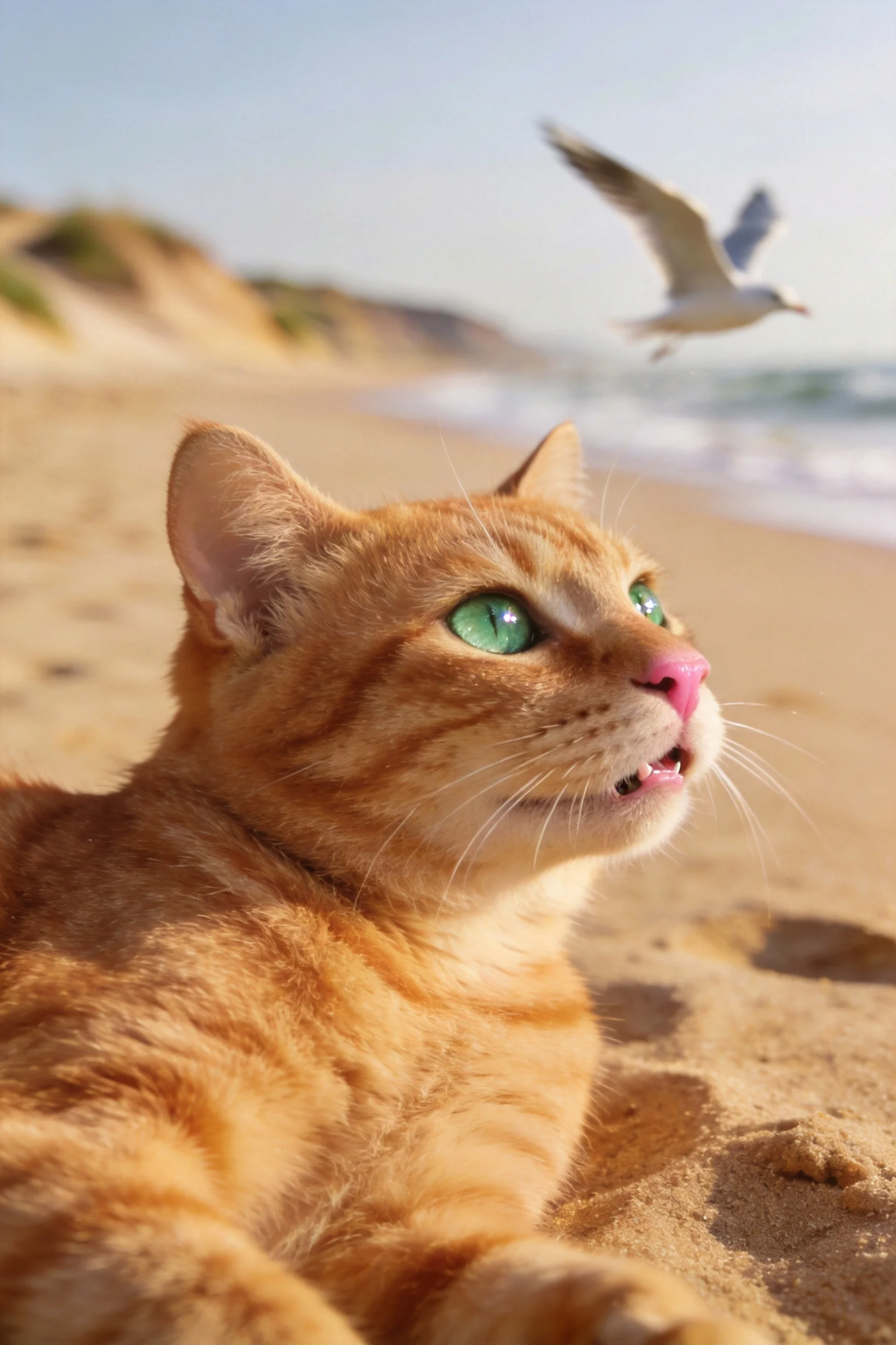 一只橘色短毛家猫趴在沙滩上,目光注视着空中的海鸥,它有着绿色的眼睛和粉红色鼻头,皮毛呈暖橙色带纹理。