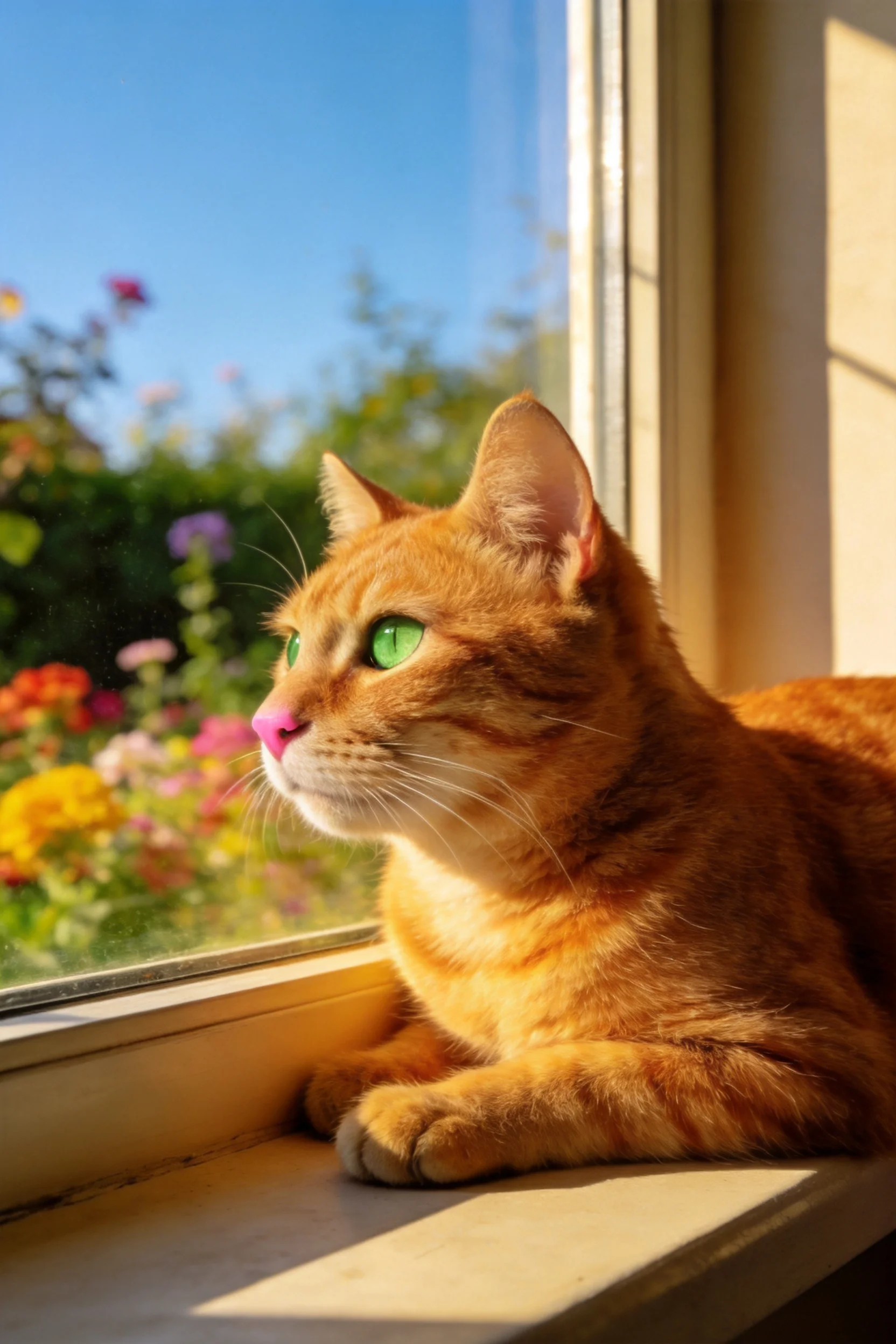 金色虎斑短毛猫有着明亮的绿眼睛,暖金色皮毛柔软顺滑,正趴在窗台上眺望窗外。