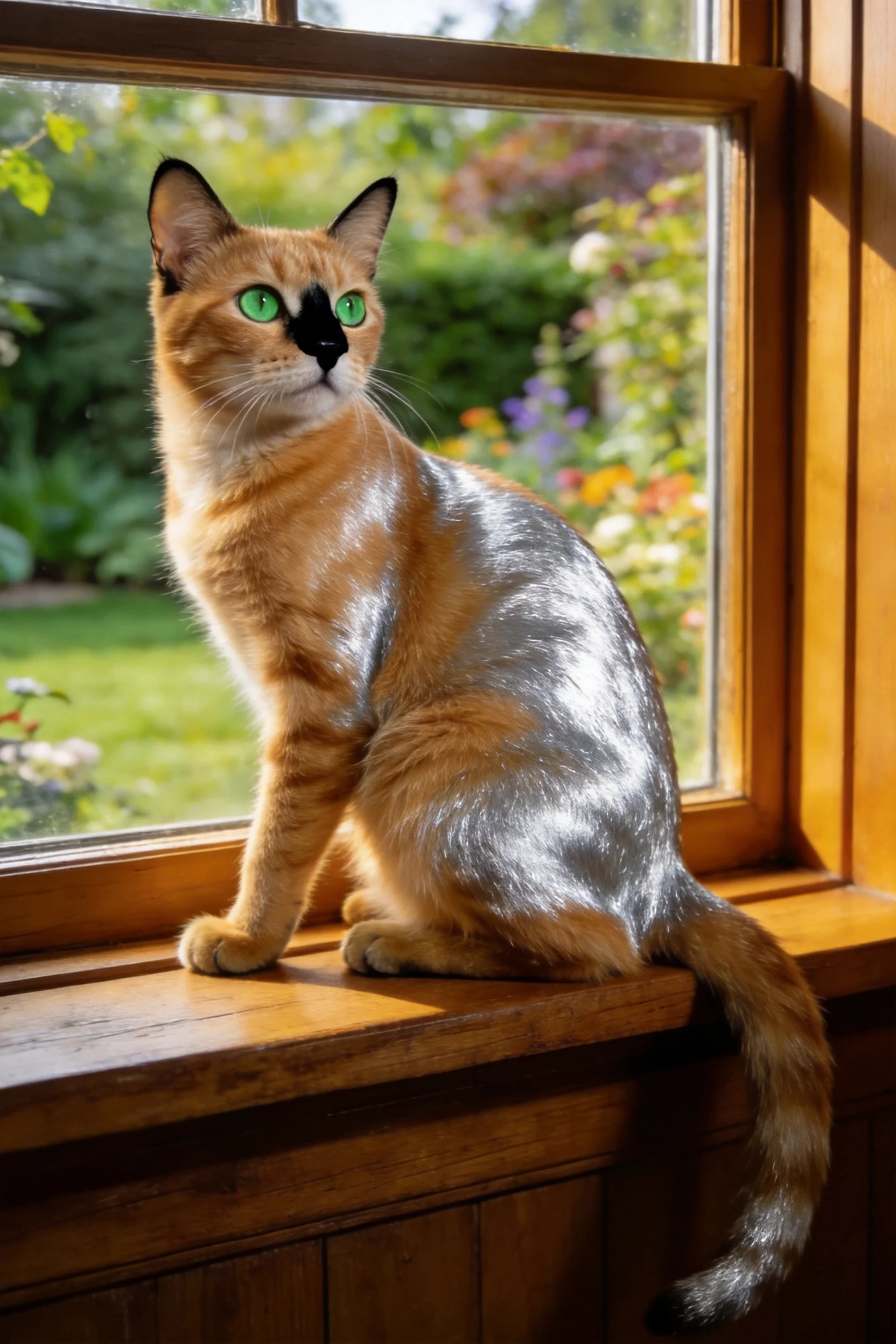 银橙双色短毛猫，拥有明亮的绿色眼睛和暖色调与银灰色相间的皮毛。