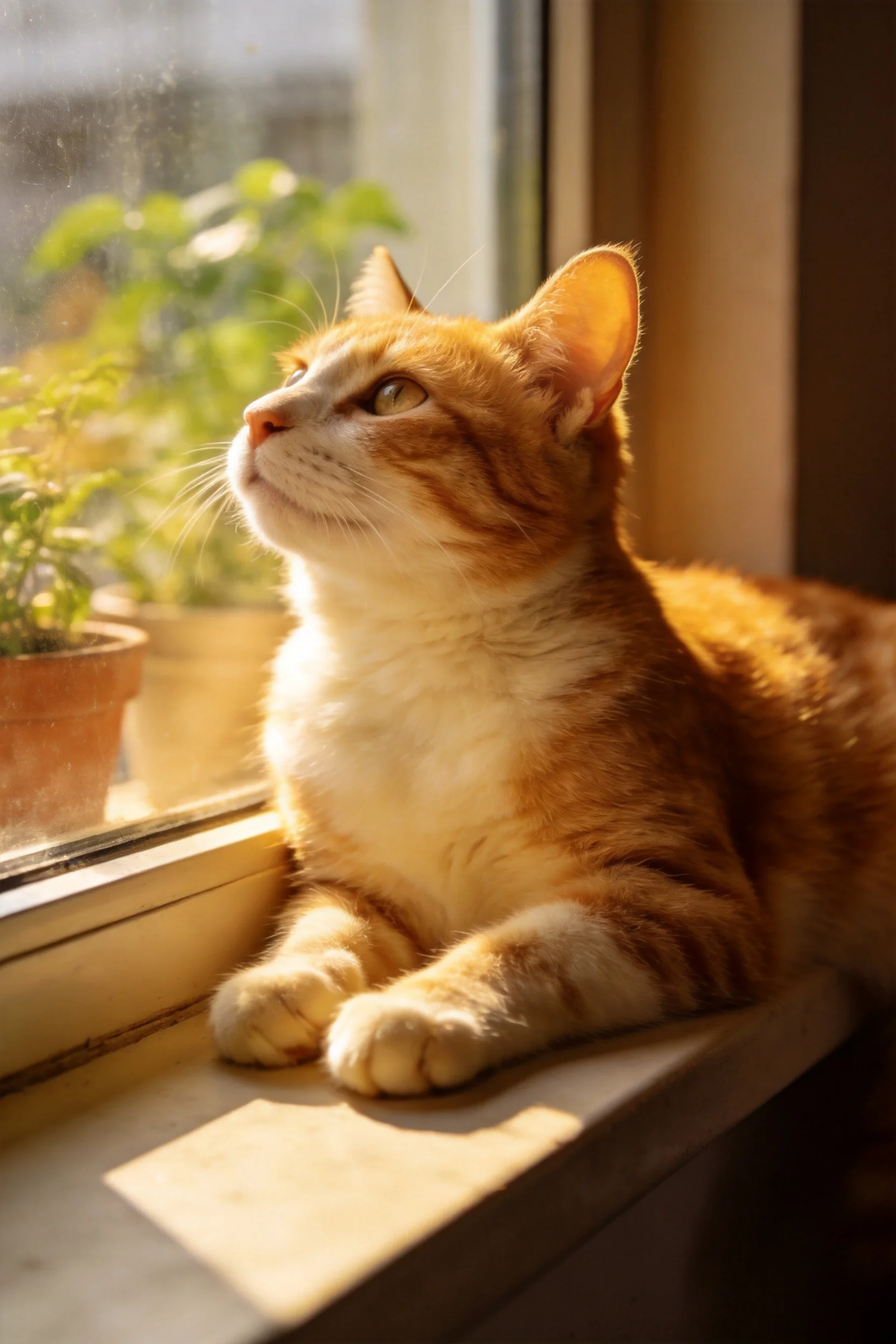橘色短毛家猫安静趴卧,眼睛明亮,皮毛在阳光下泛着光泽,前爪毛发蓬松柔软。