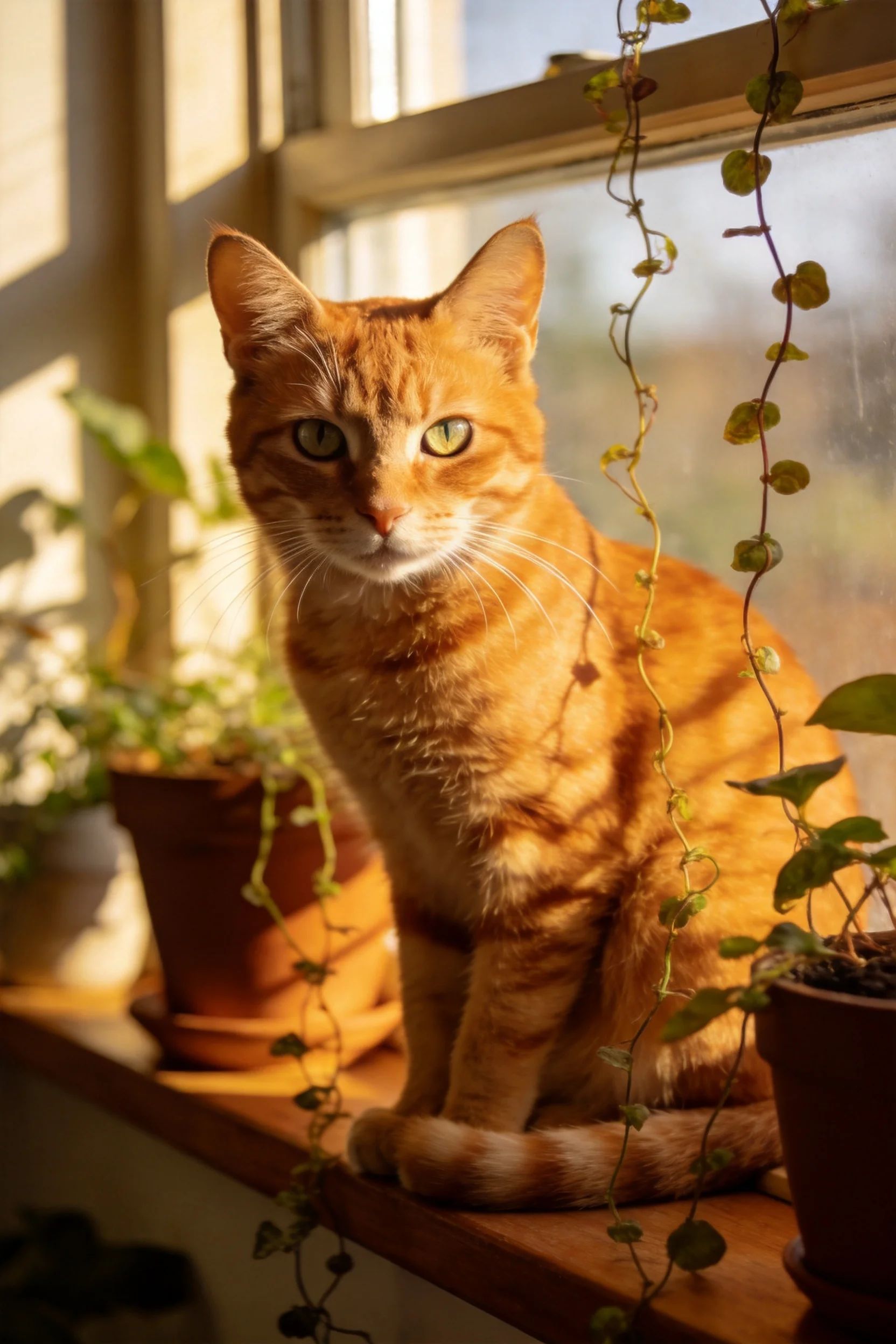 橘色短毛家猫有着橙黄色带斑纹的被毛,正安静地坐在窗台上凝视着。