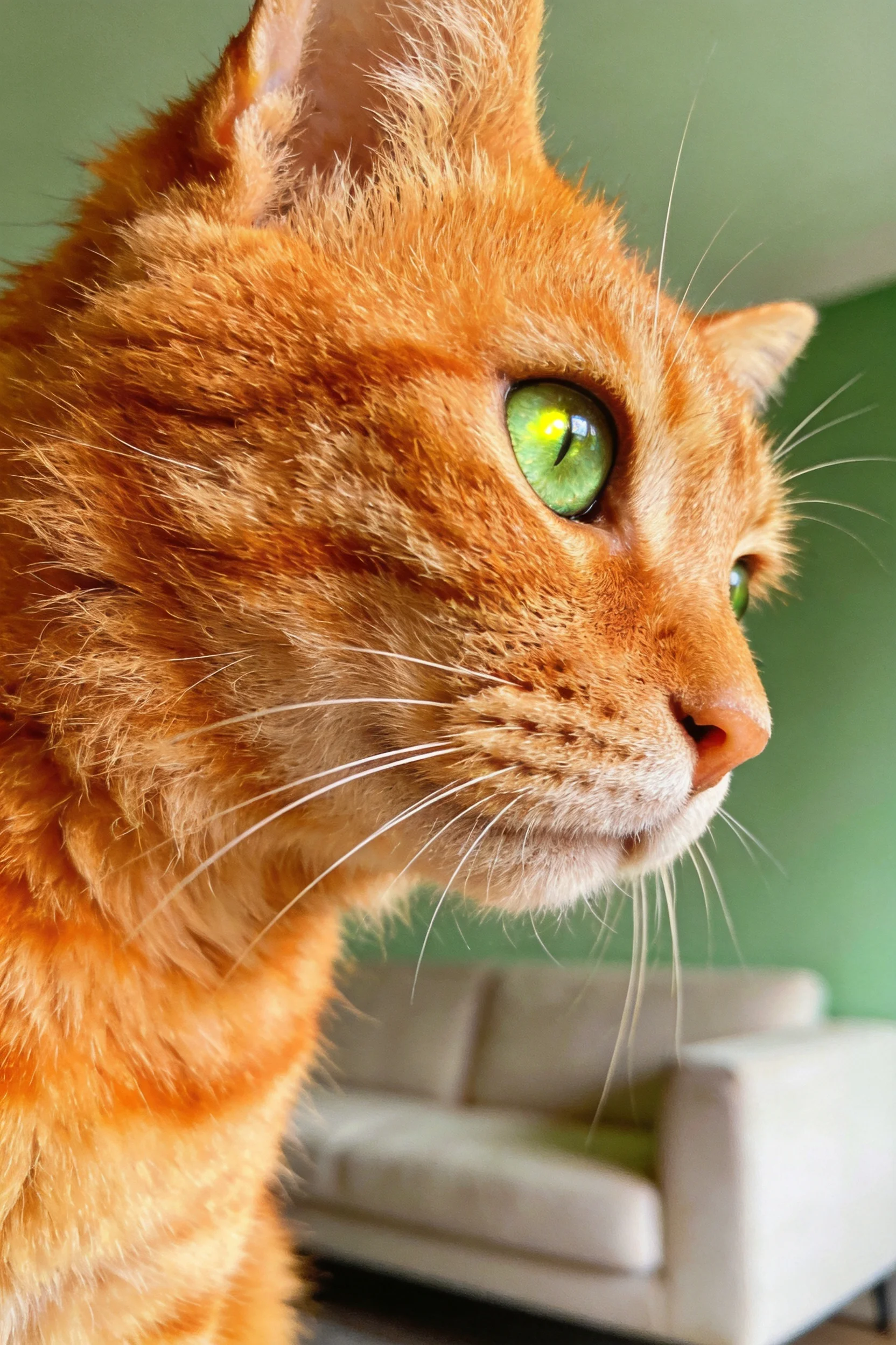 橘色短毛虎斑猫拥有明亮的绿色眼睛和清晰的虎斑纹橘色毛发,面部表情专注。