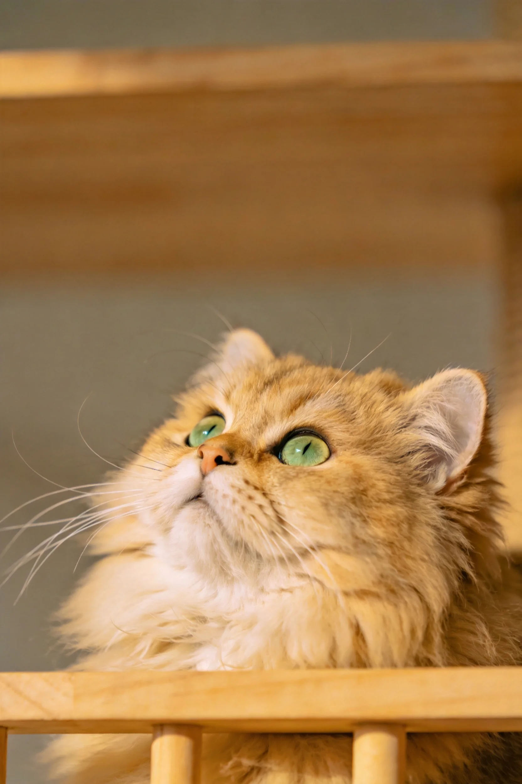 一只金橘色长毛猫,(有着绿色眼睛和蓬松柔软的毛发,正站在木制栅栏处向上凝视)。