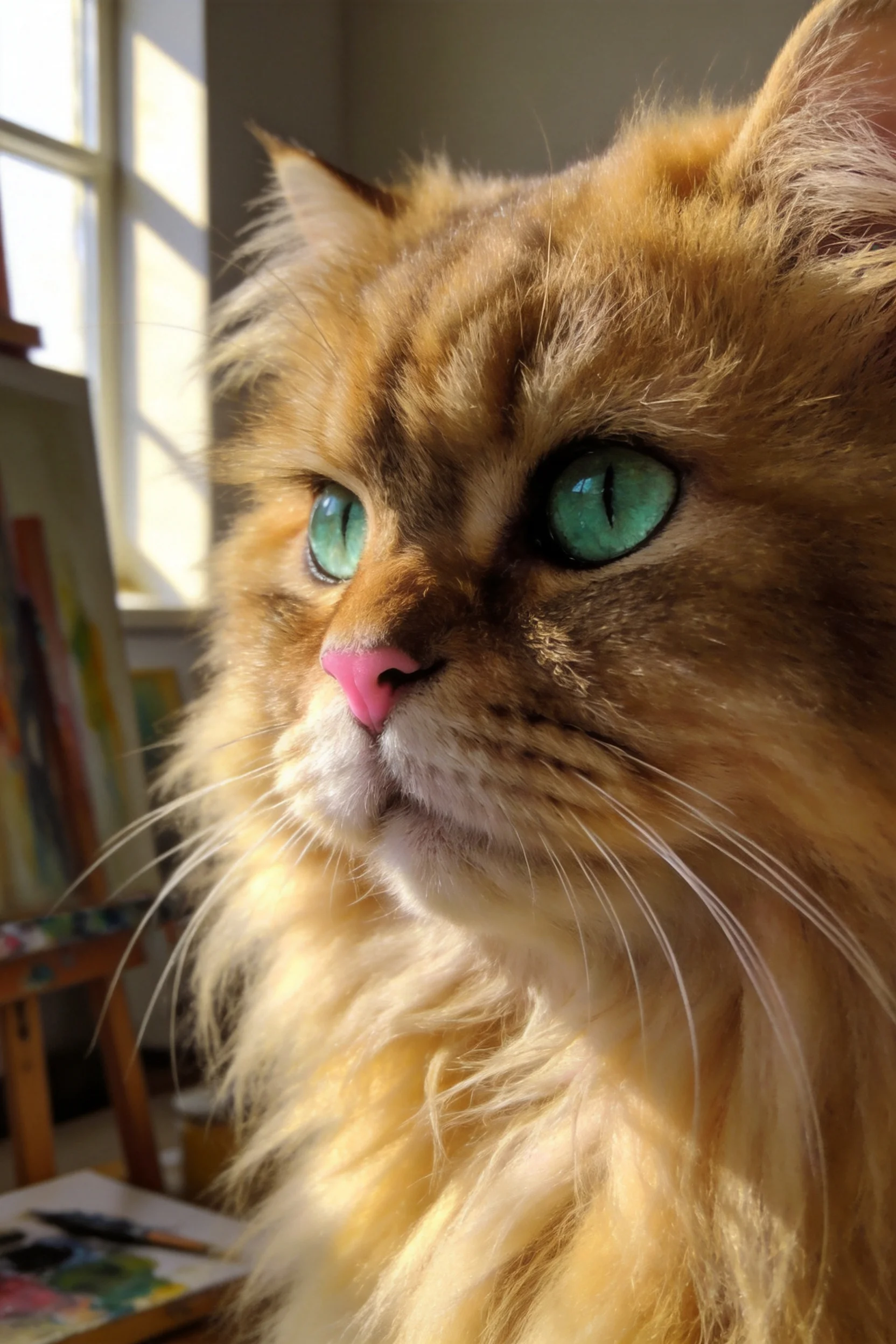 金渐层缅因猫拥有明亮的绿色眼睛和浓密的金棕色毛发,粉色鼻头清晰可见。