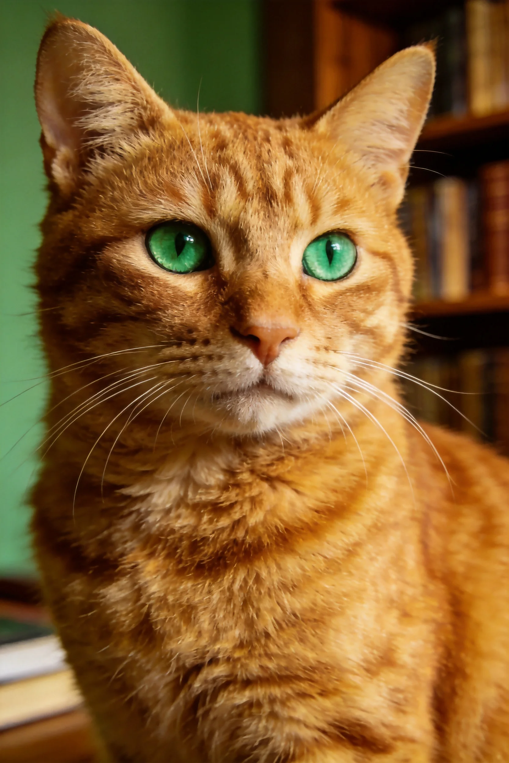 书房书架前的橘色短毛虎斑猫,有着明亮的绿色眼睛和柔软的橘色虎斑纹皮毛。