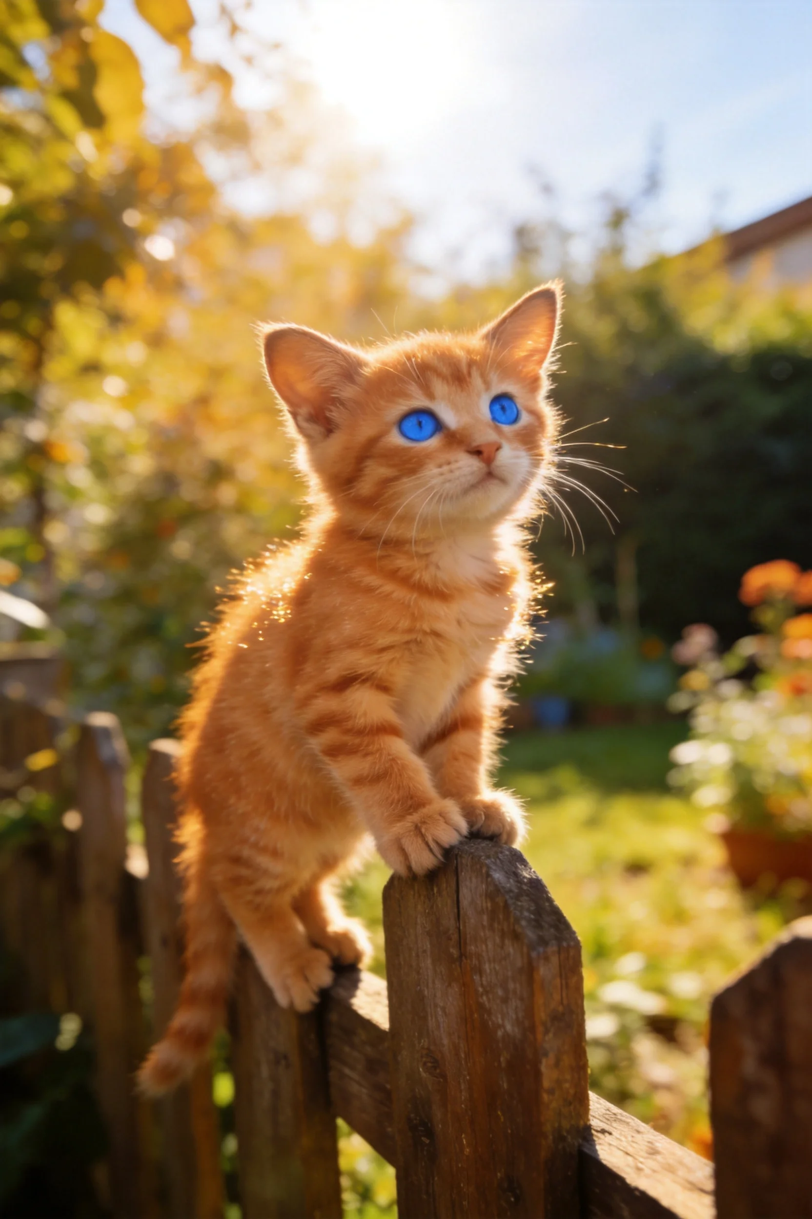 有着明亮蓝色眼睛的橘色短毛家猫正站在木栅栏顶端眺望远方。