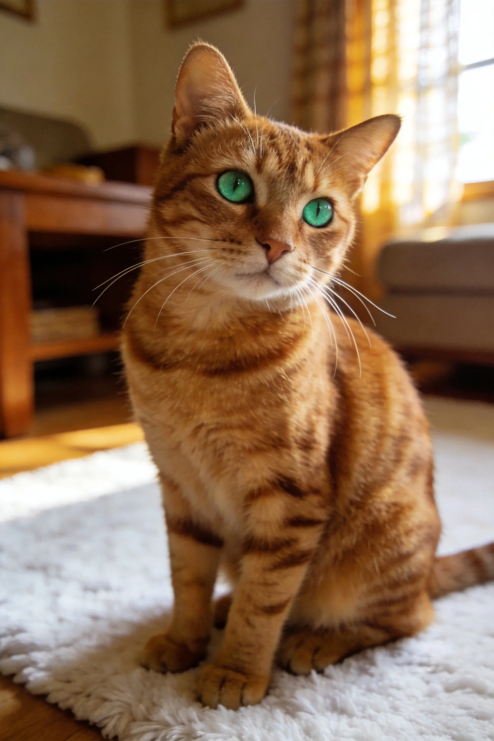 短毛金橘色虎斑猫，有着明亮的绿色眼睛和金黄色的虎斑皮毛，安静地坐在白色地毯上。
