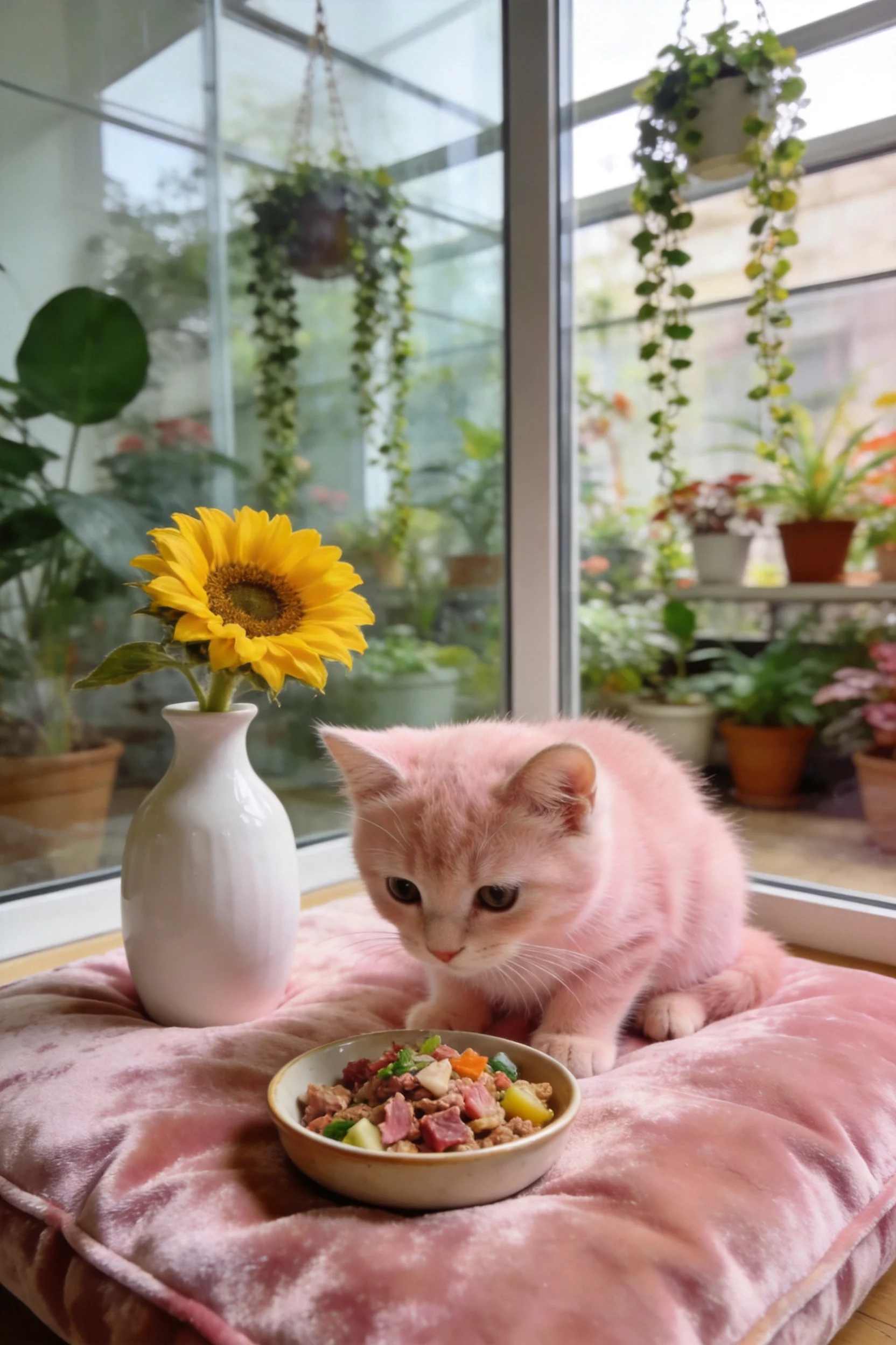 橙白短毛家猫正专注地注视着碗中混合着肉块与蔬菜的食物,浅橙色被毛柔软顺滑。