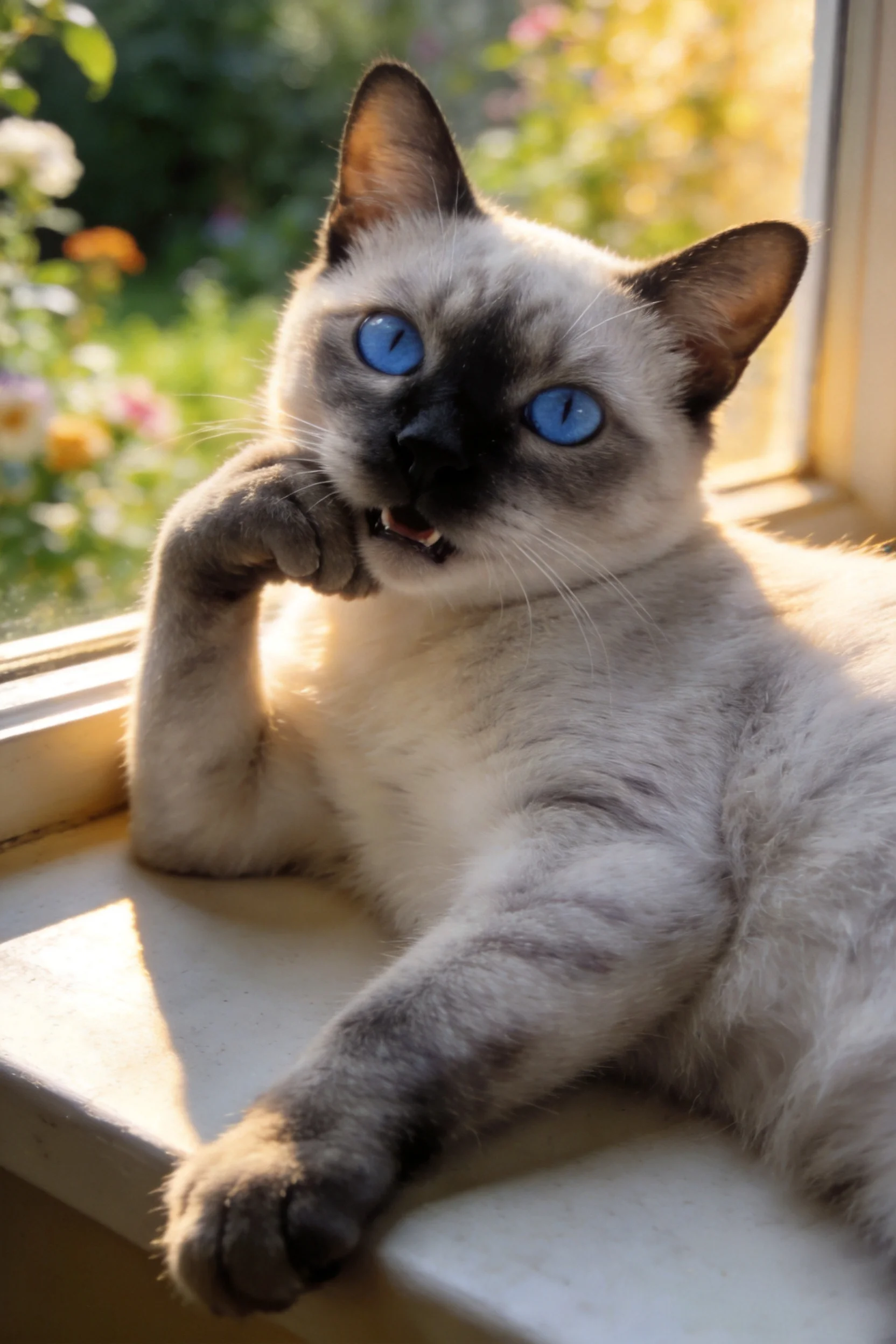 蓝眼睛暹罗猫,面部有深色斑纹,前爪轻触脸颊的姿态。