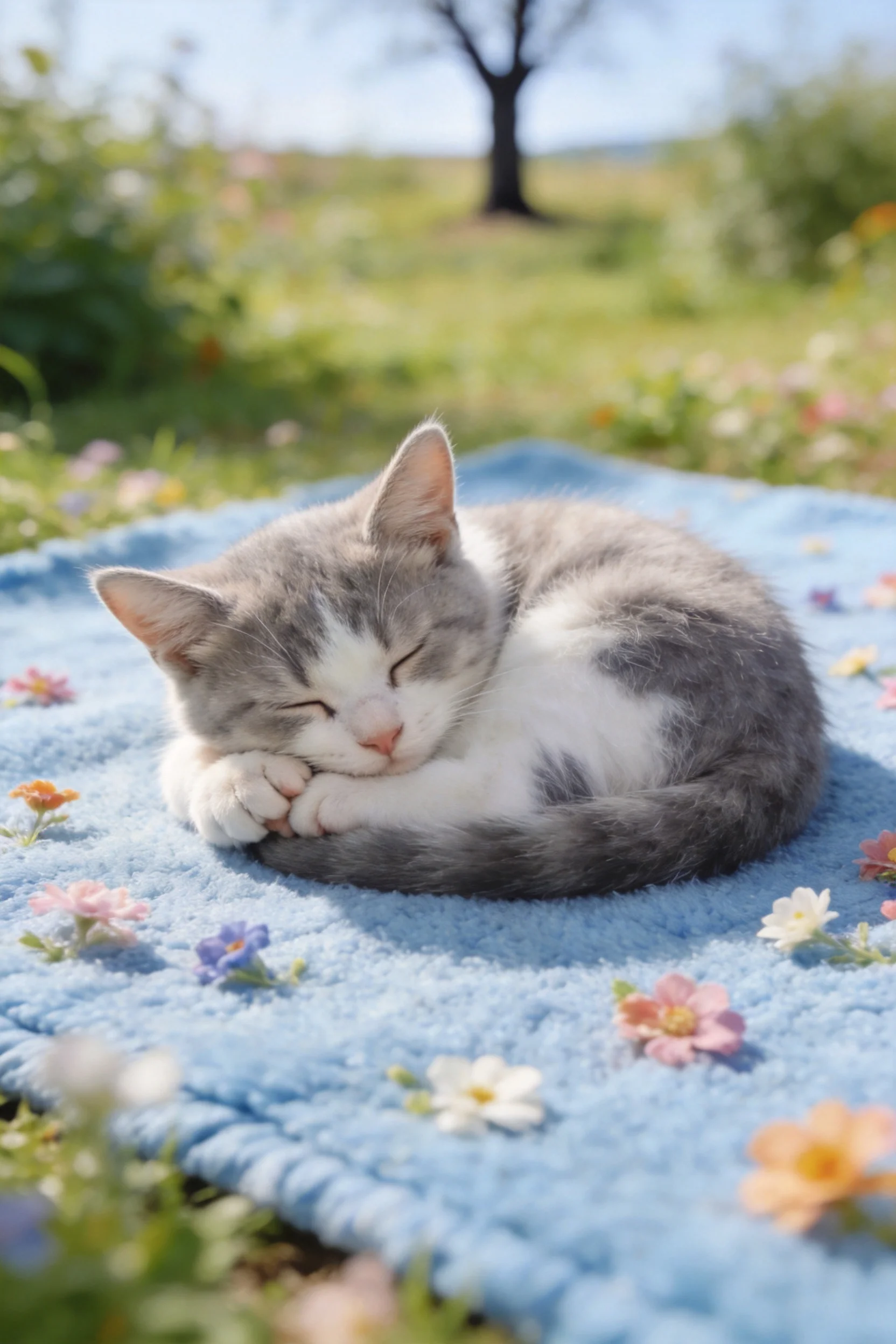 灰白短毛家猫蜷缩在蓝色毯子上,闭眼处于睡眠状态,周围有各色小花装饰。