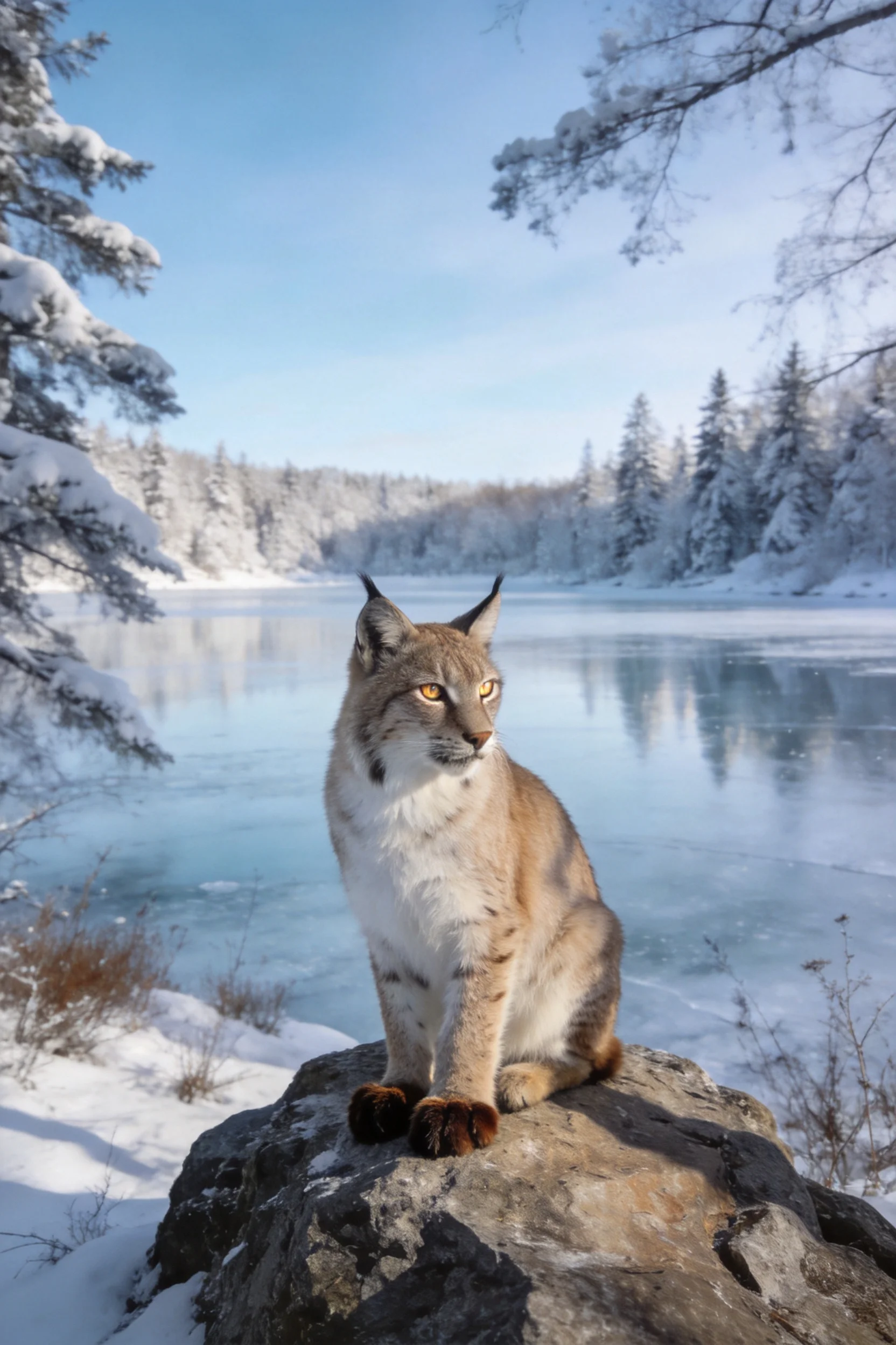 欧亚猞猁有着浅棕色带斑纹的皮毛,耳朵带有耳簇,正安静地坐在岩石上眺望远方。