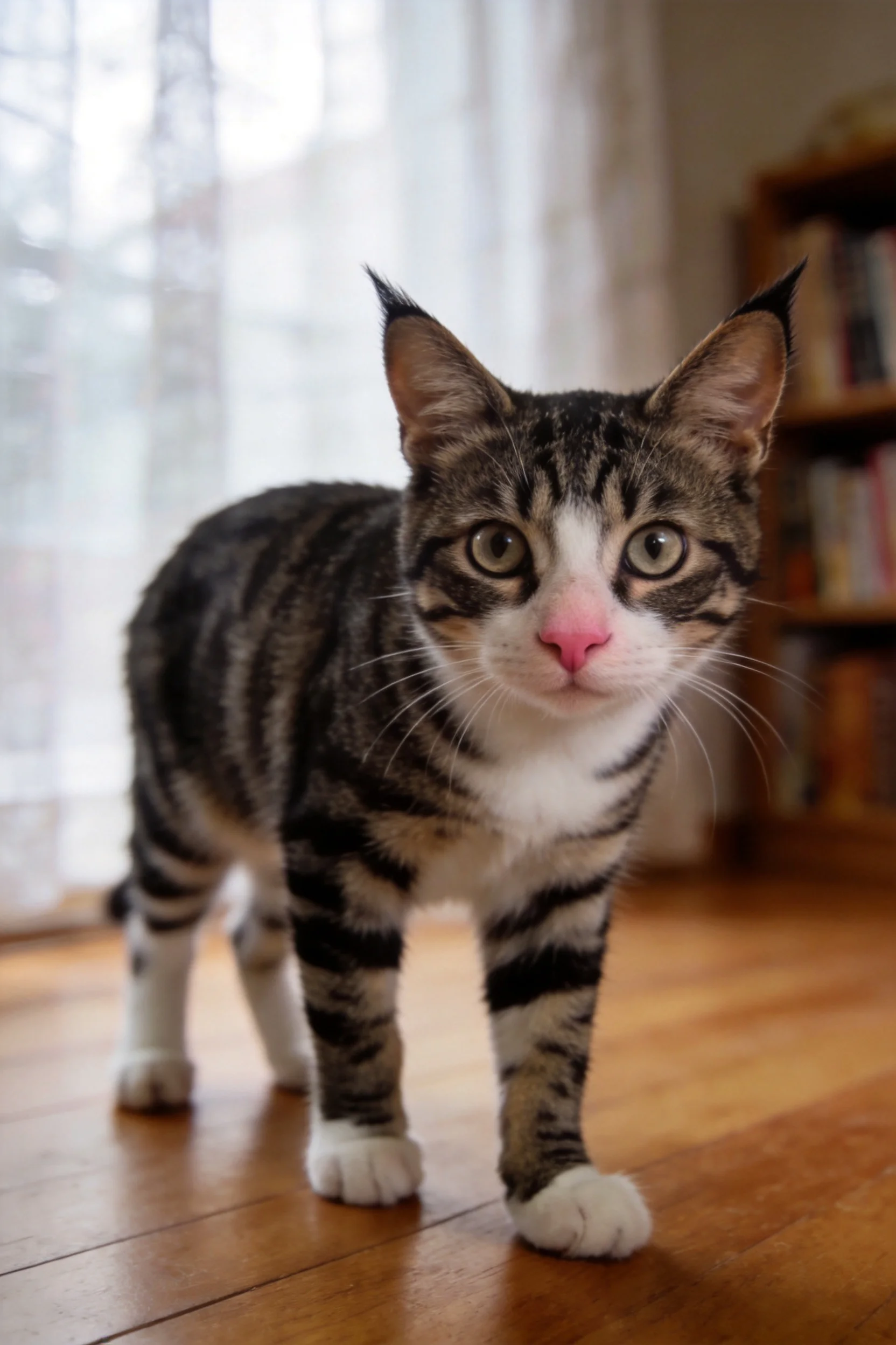 一只短毛家猫，有着黑灰相间的斑纹和粉红色鼻子的家猫正站在木质地板上。