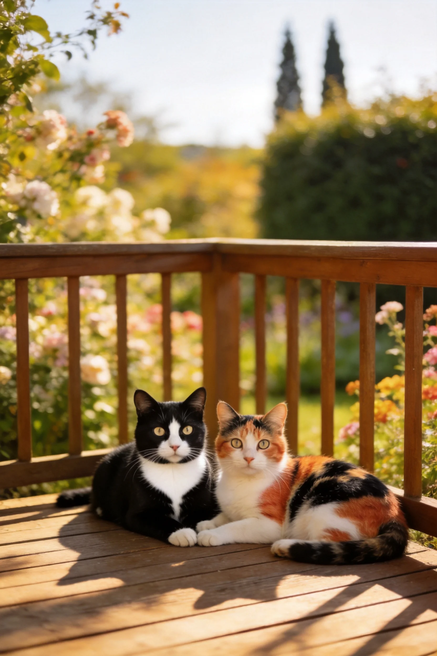 两只短毛家猫并排趴在木质平台上,其中一只为黑白相间,另一只为橙黑白的短毛家猫,毛发柔软且蓬松。