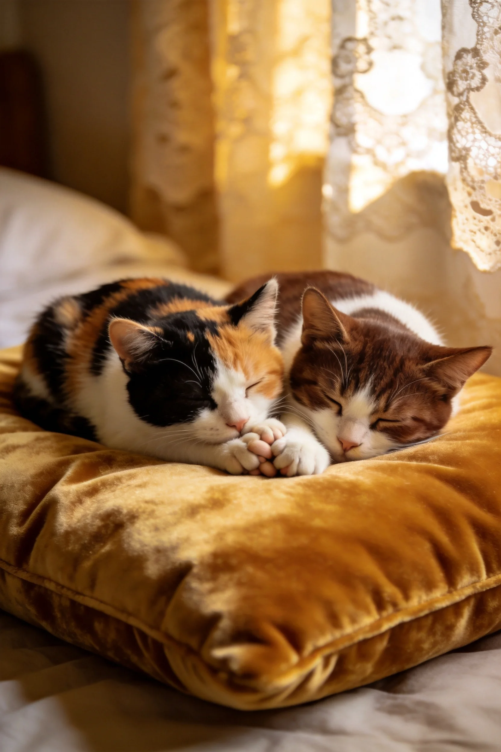 短毛家猫安静睡眠姿态,三色猫与棕白猫依偎,绒布垫表面纹理清晰可见。