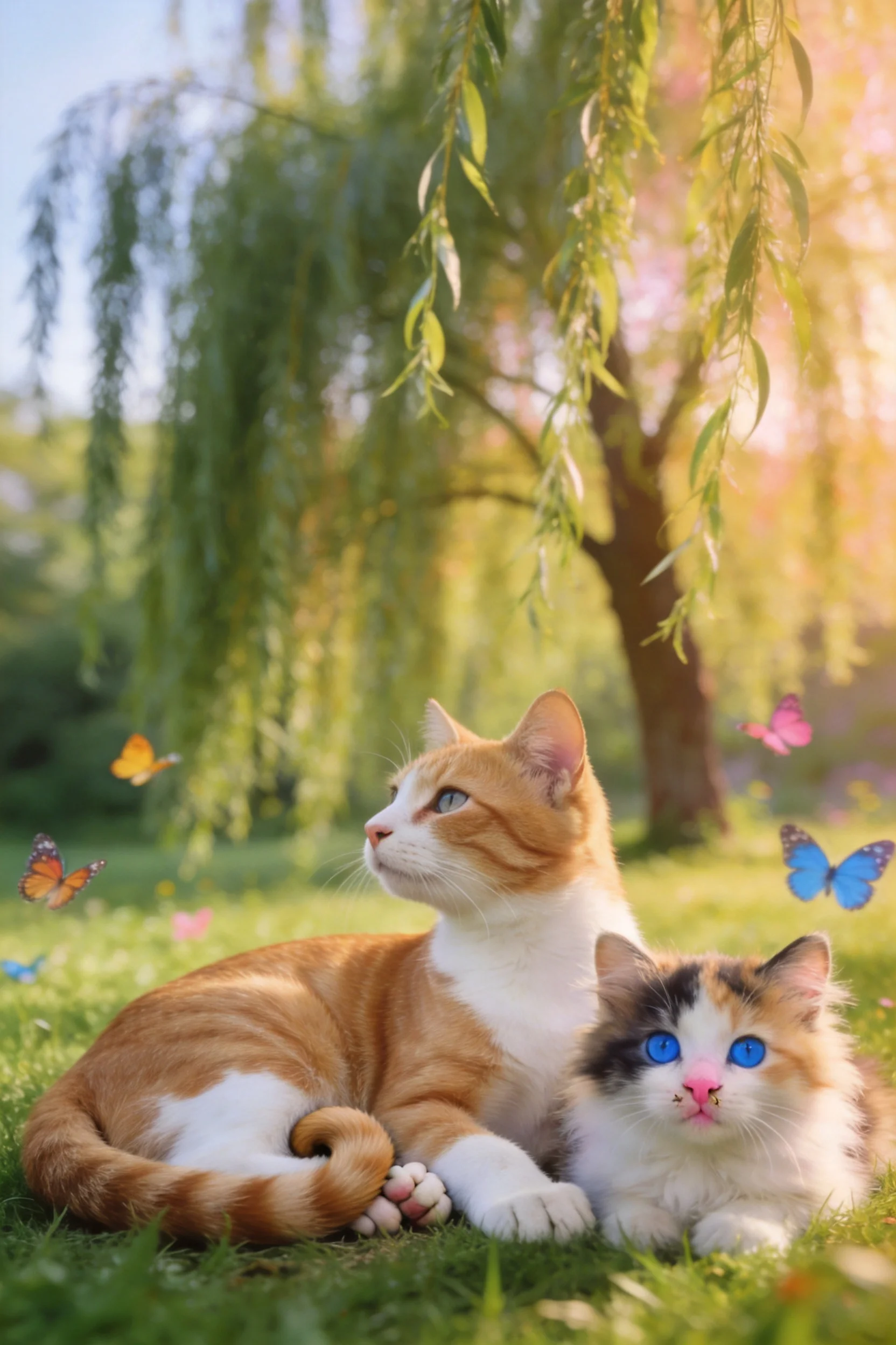 橘白短毛家猫与三色蓝眼短毛家猫在柳树下注视彩蝶,橘白毛发柔顺,蓝眼小猫眼神专注。