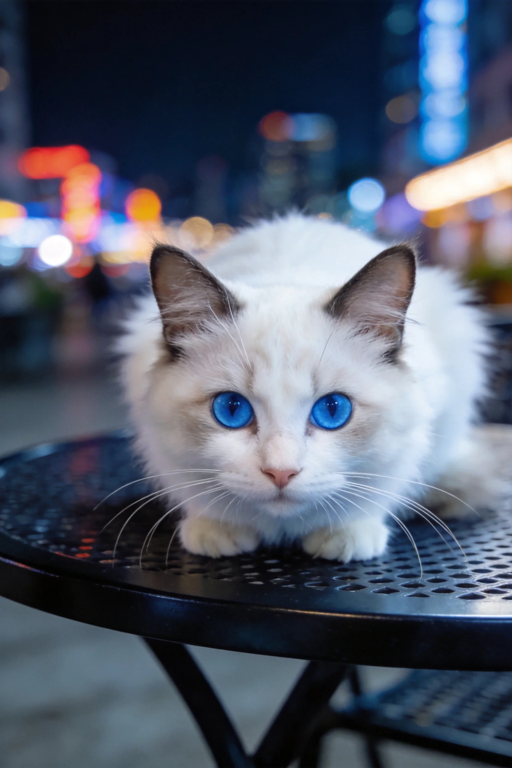 一只蓝眼睛双色布偶猫趴在黑色金属桌上，胡须清晰可见，眼神专注。