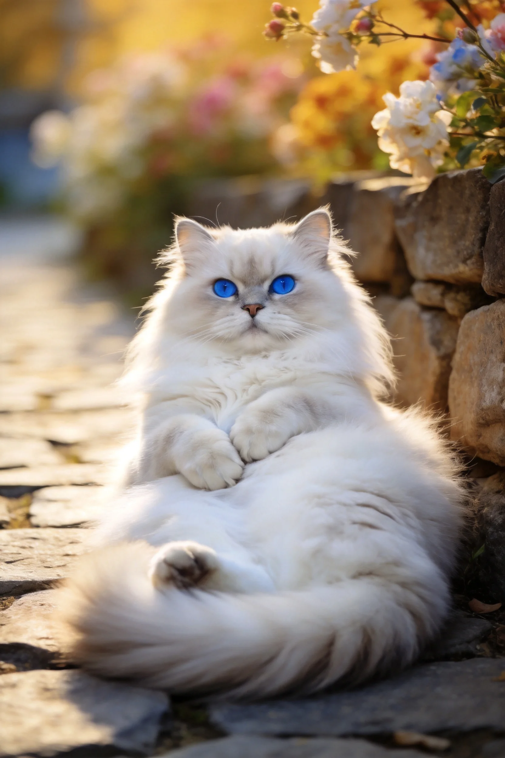 布偶猫安静趴卧在石板路上,蓝眼睛明亮,白色长毛蓬松柔软,姿态放松。