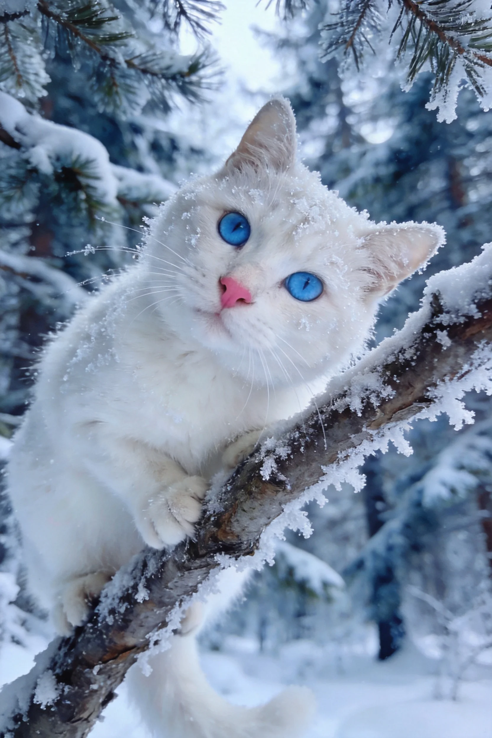 短毛白猫有着明亮的蓝色眼睛,正站在被雪覆盖的树枝上,白色皮毛与周围冰雪形成鲜明对比。