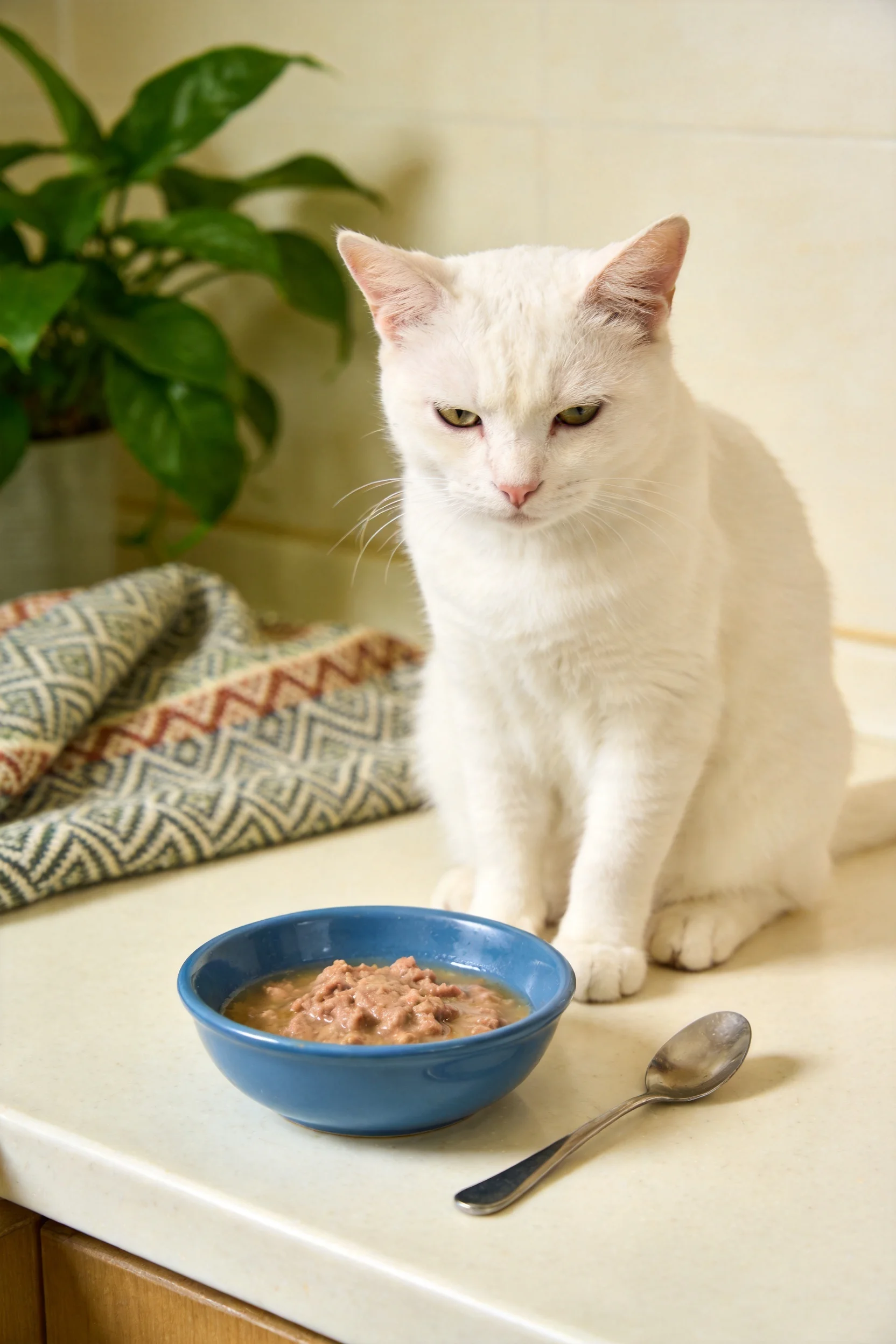 白短毛家猫安静地坐在台面上,身旁蓝色碗里的肉泥清晰可见,猫咪目光平静注视前方。