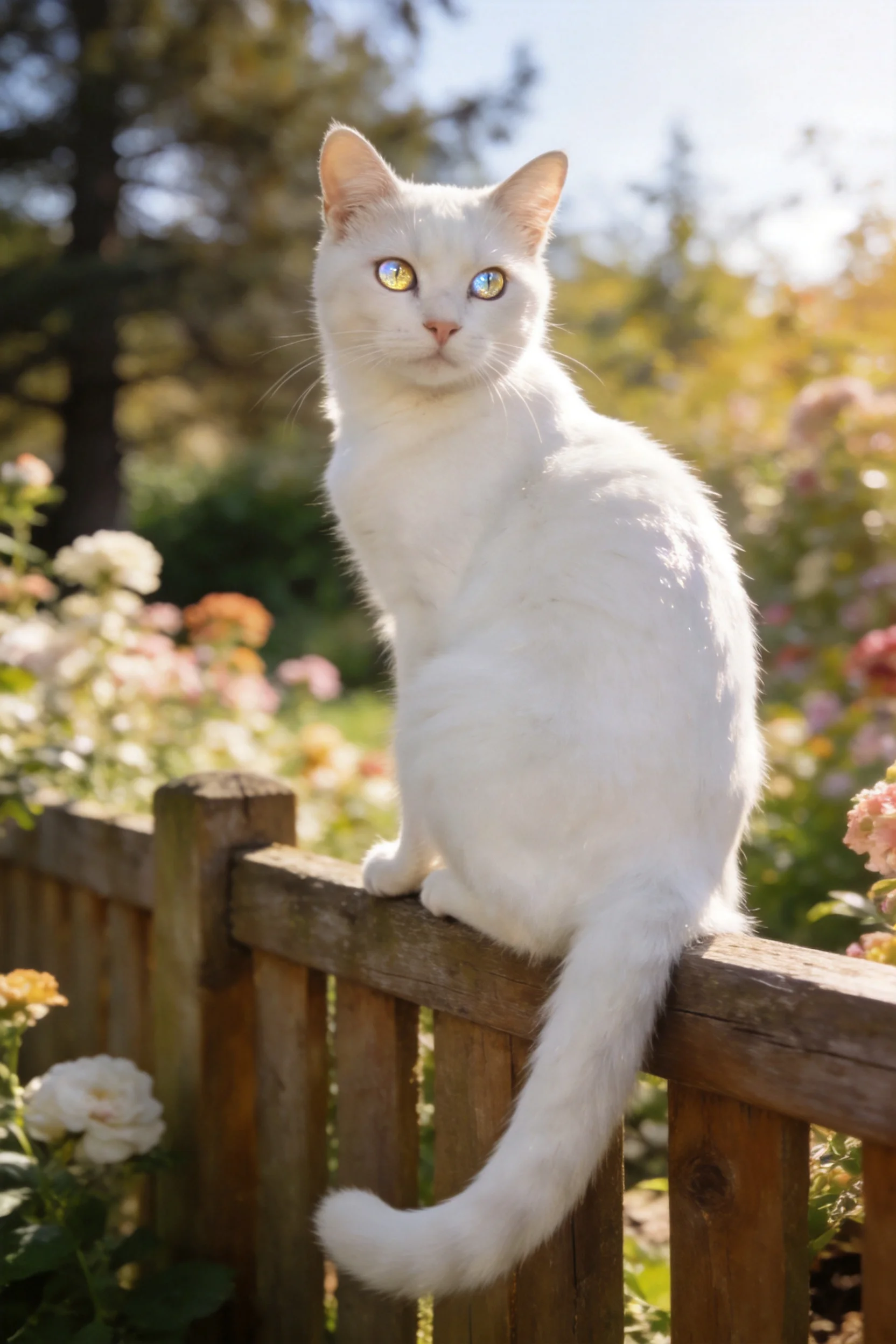 异瞳白短毛猫安静地坐在花园木栅栏上,蓝黄异色的眼睛明亮,毛发柔软蓬松。