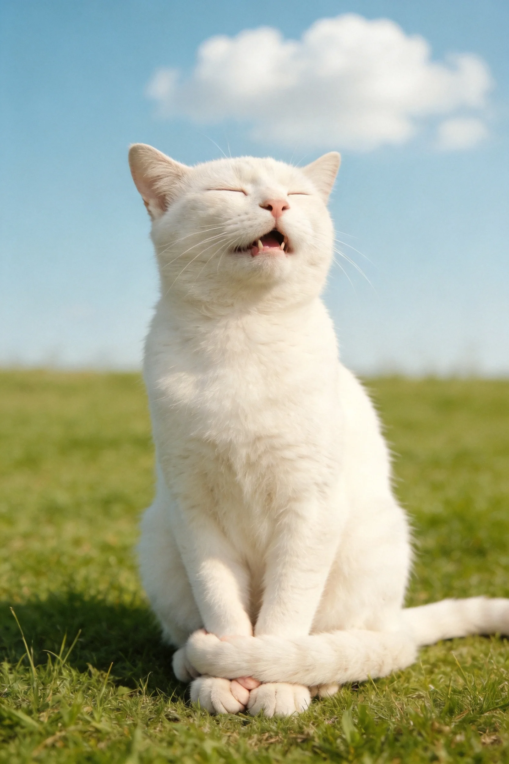 白短毛家猫闭着眼睛坐在草地上,柔软洁白的毛发在阳光下显得格外干净。