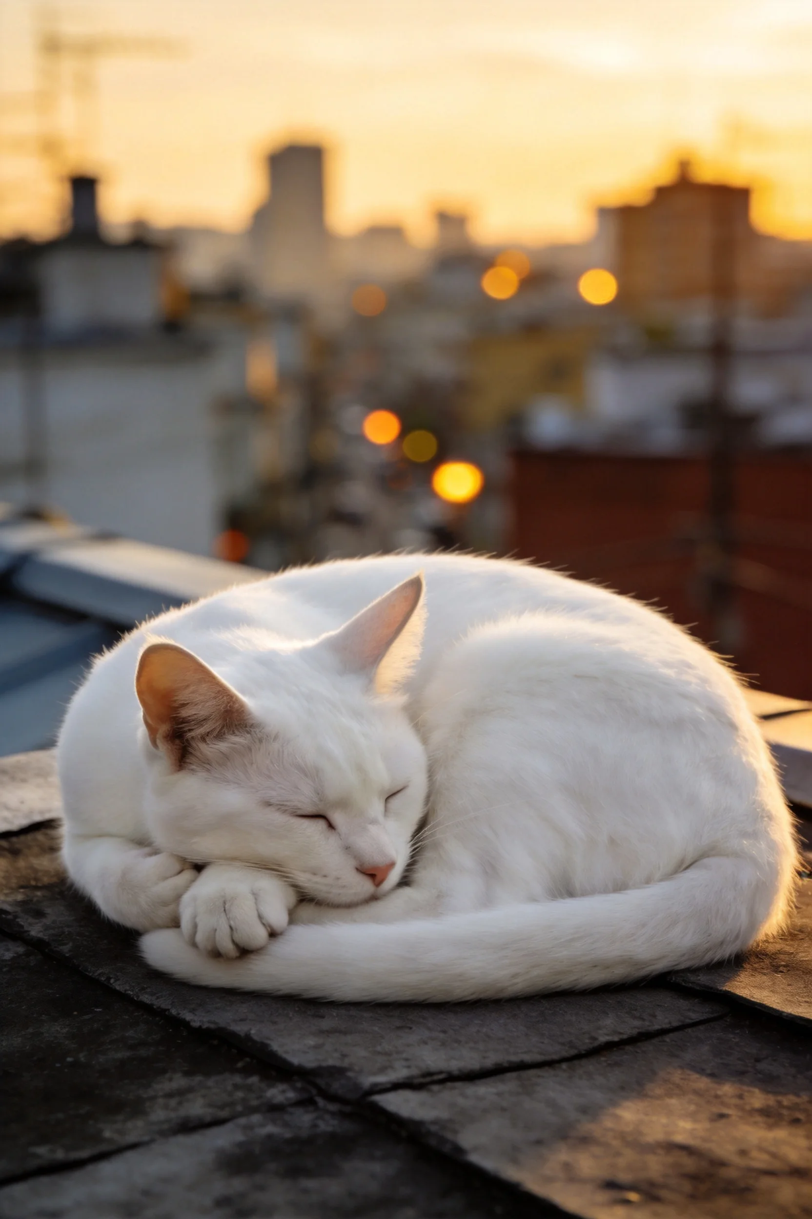 短毛家猫在屋顶睡觉,白色蓬松毛发在夕阳下显得柔软,耳朵微微张开。