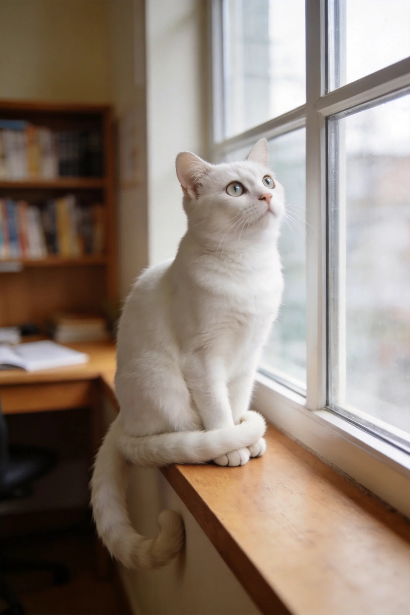 白英国短毛猫有着雪白被毛和明亮的蓝绿色眼睛,正安静地坐在窗台上眺望。