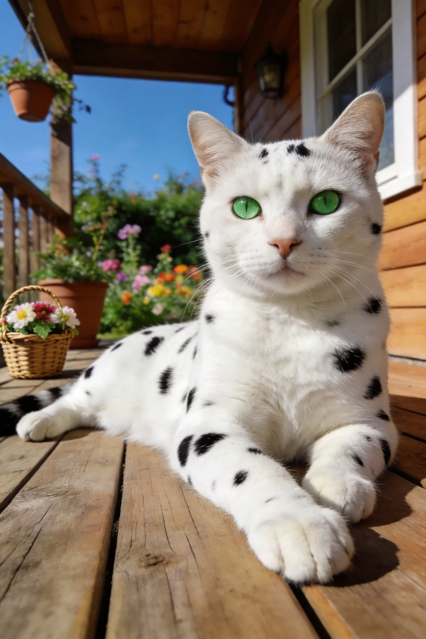 孟加拉豹斑猫有着雪白带黑点的皮毛和明亮的绿色眼眸,正趴在木质平台上。