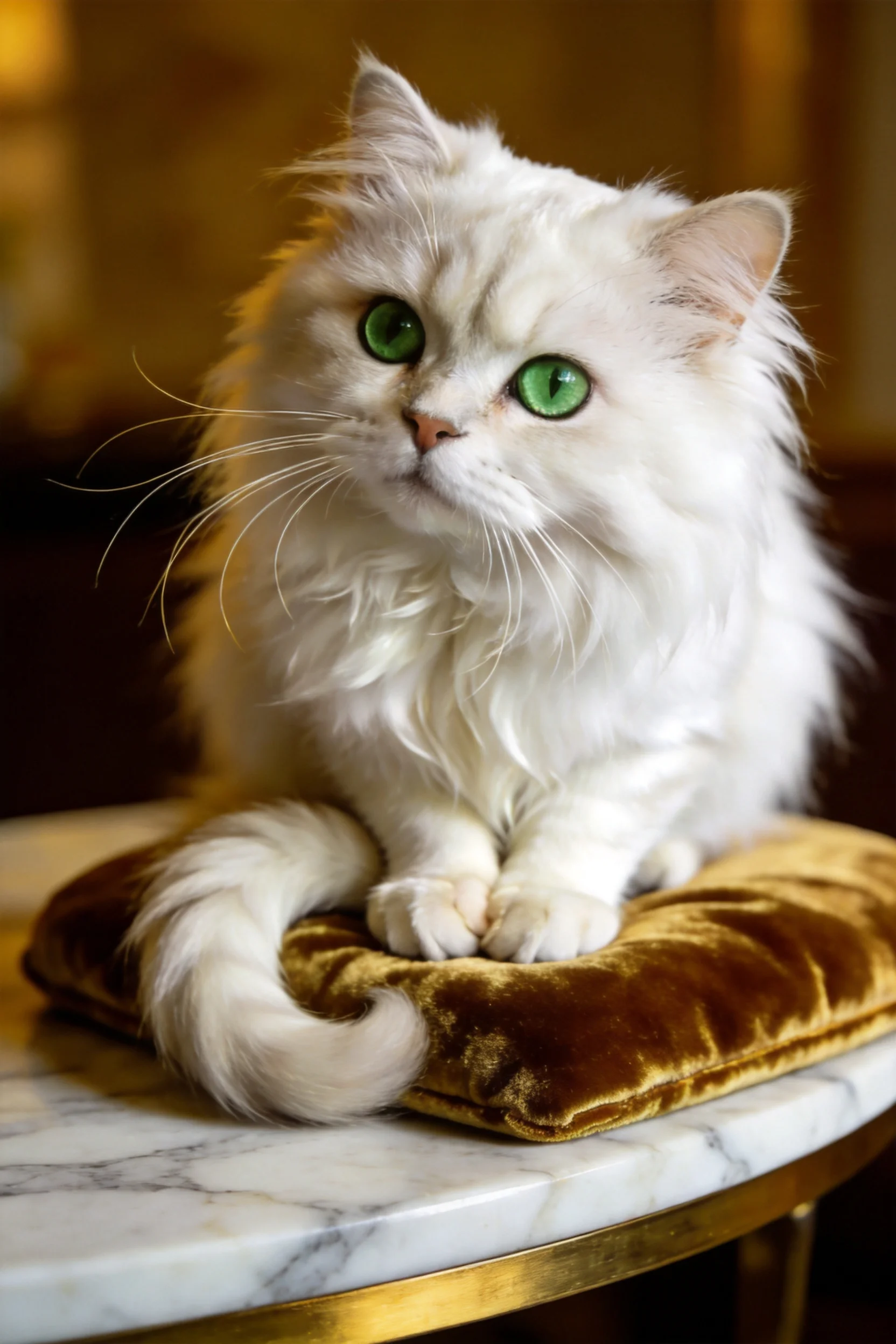 长毛白布偶猫有着蓬松的白色毛发和明亮的绿色眼睛,前爪轻放于绒面垫子上。