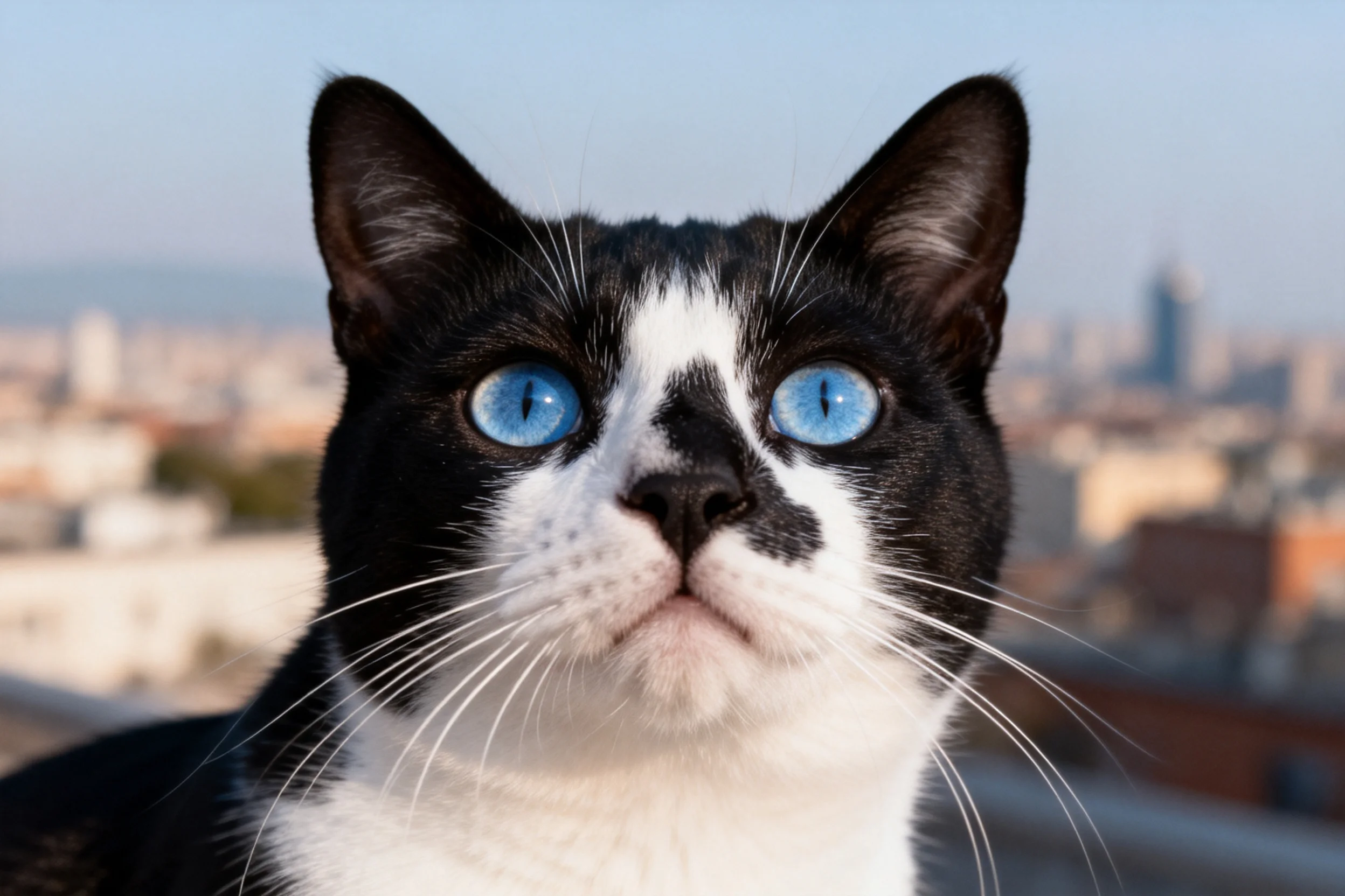 一只短毛家猫,拥有黑白相间的毛发和明亮的蓝色眼睛,胡须清晰可见。
