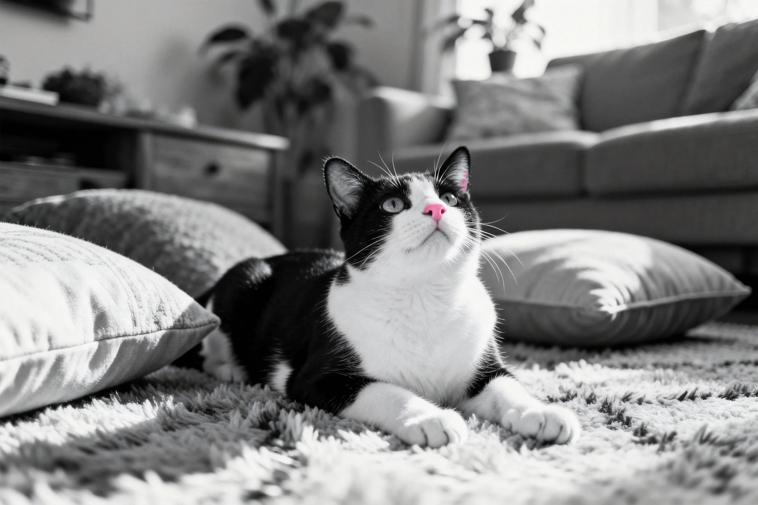 黑白短毛家猫抬头凝视，粉红色鼻尖与黑白毛发形成鲜明对比，绿色眼睛明亮有神。