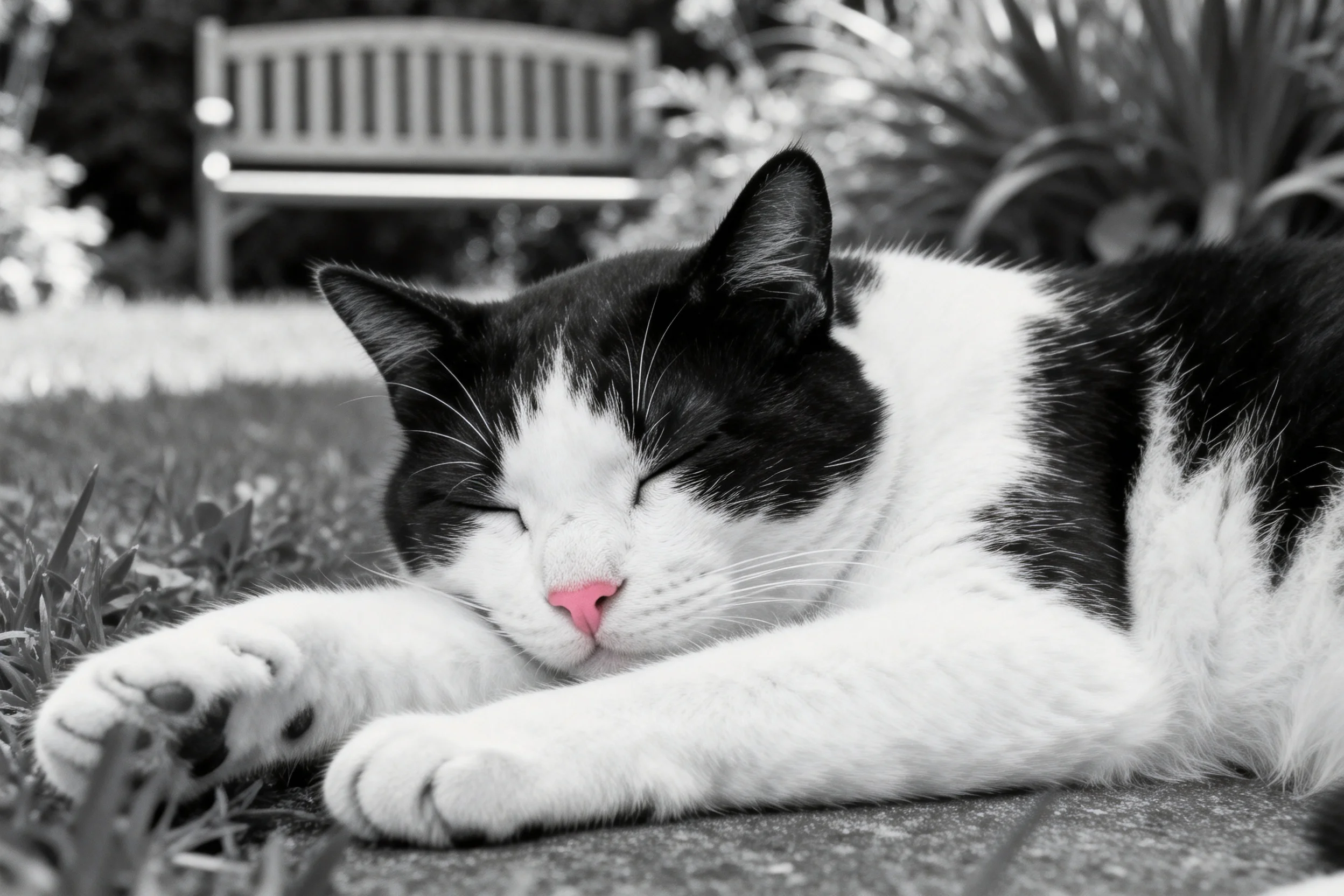 图中是一只正在睡眠状态的黑白短毛家猫,其粉红色鼻头清晰可见,前爪伸展。