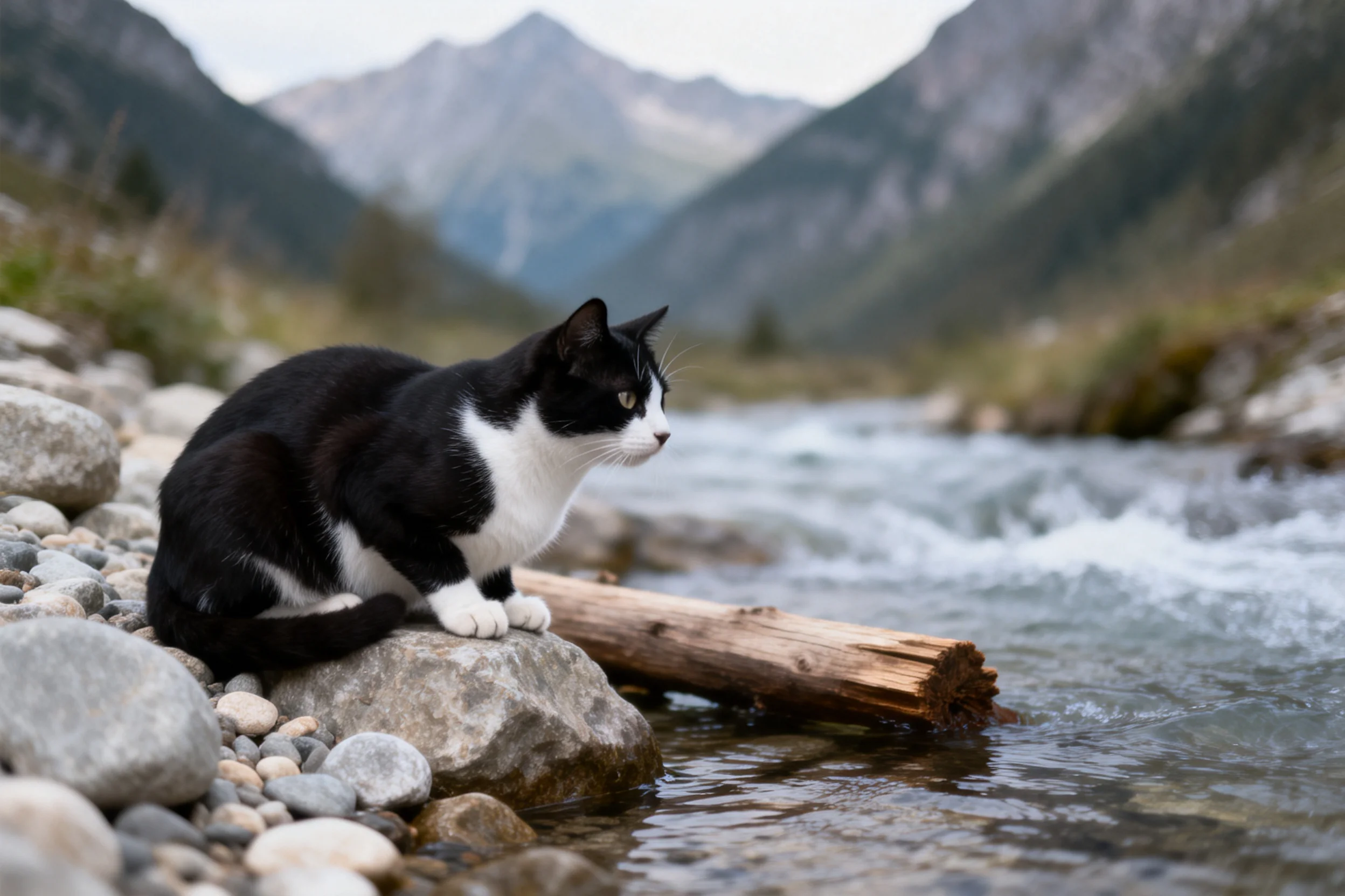 短毛家猫黑白相间的毛发贴附在岩石上,目光注视着远处的山间溪流。