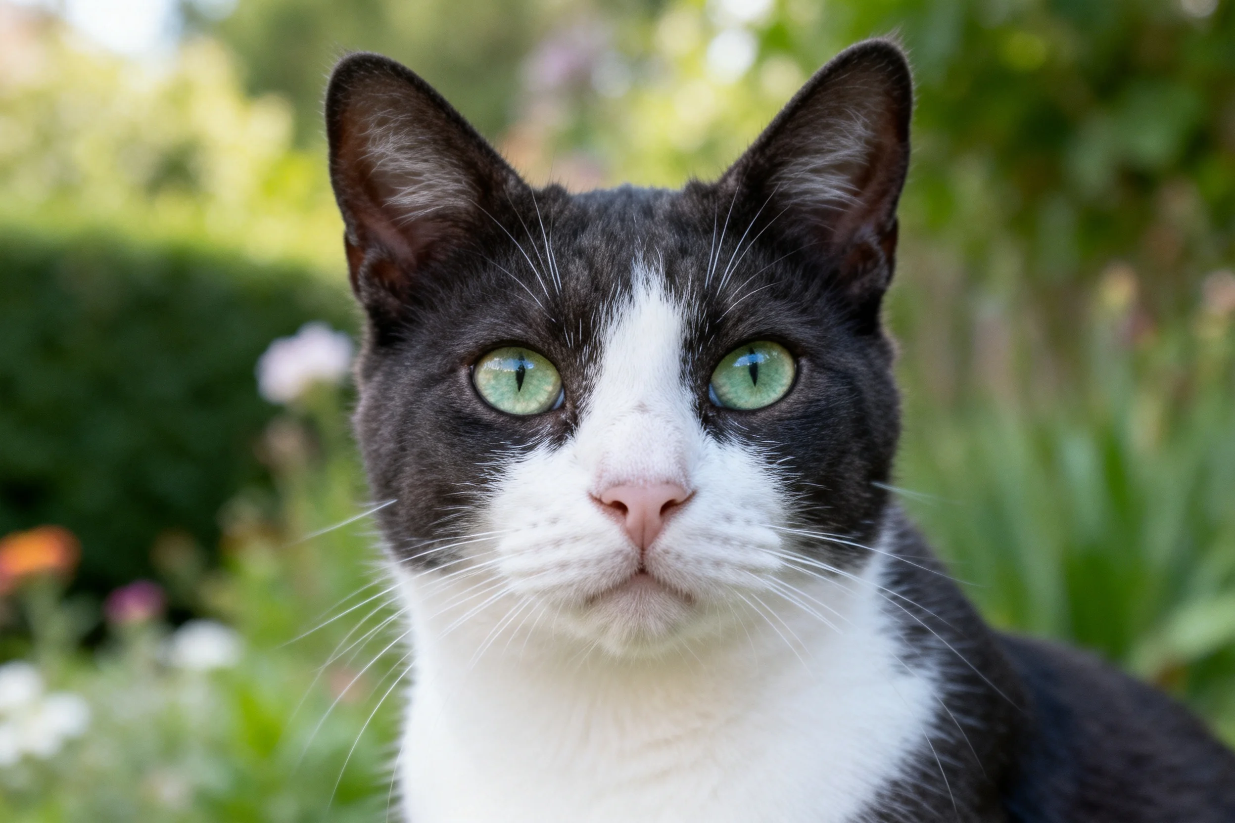 一只黑白短毛家猫,有着明亮的绿色眼睛,黑色的头部和白色的脸部区域,毛发短而光滑。