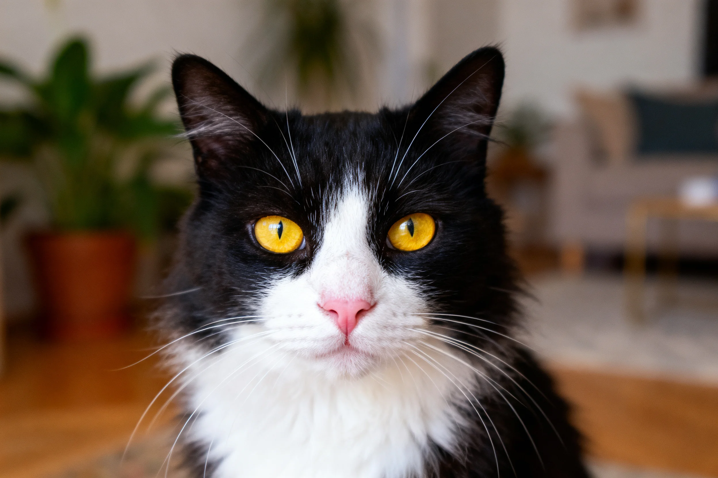 黑白短毛家猫特写近（黑白短毛家猫，黄色眼睛明亮，白色胸部毛发清晰可见）。