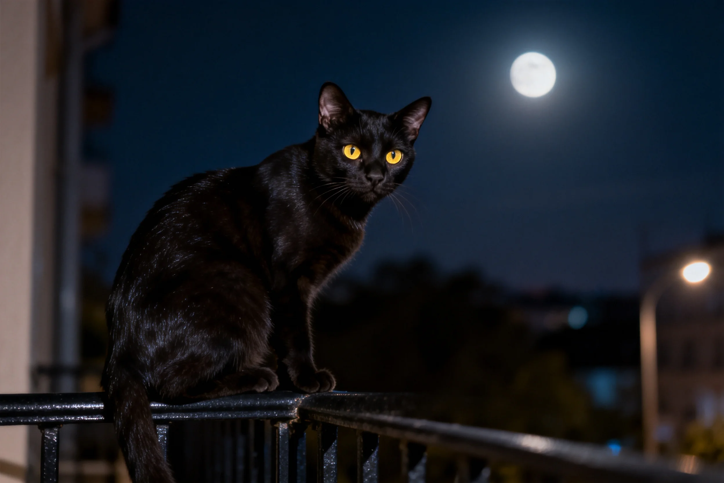 短毛黑猫正坐在金属栏杆上,明亮的黄色眼睛清晰可见,黑色的被毛在光滑的质感。