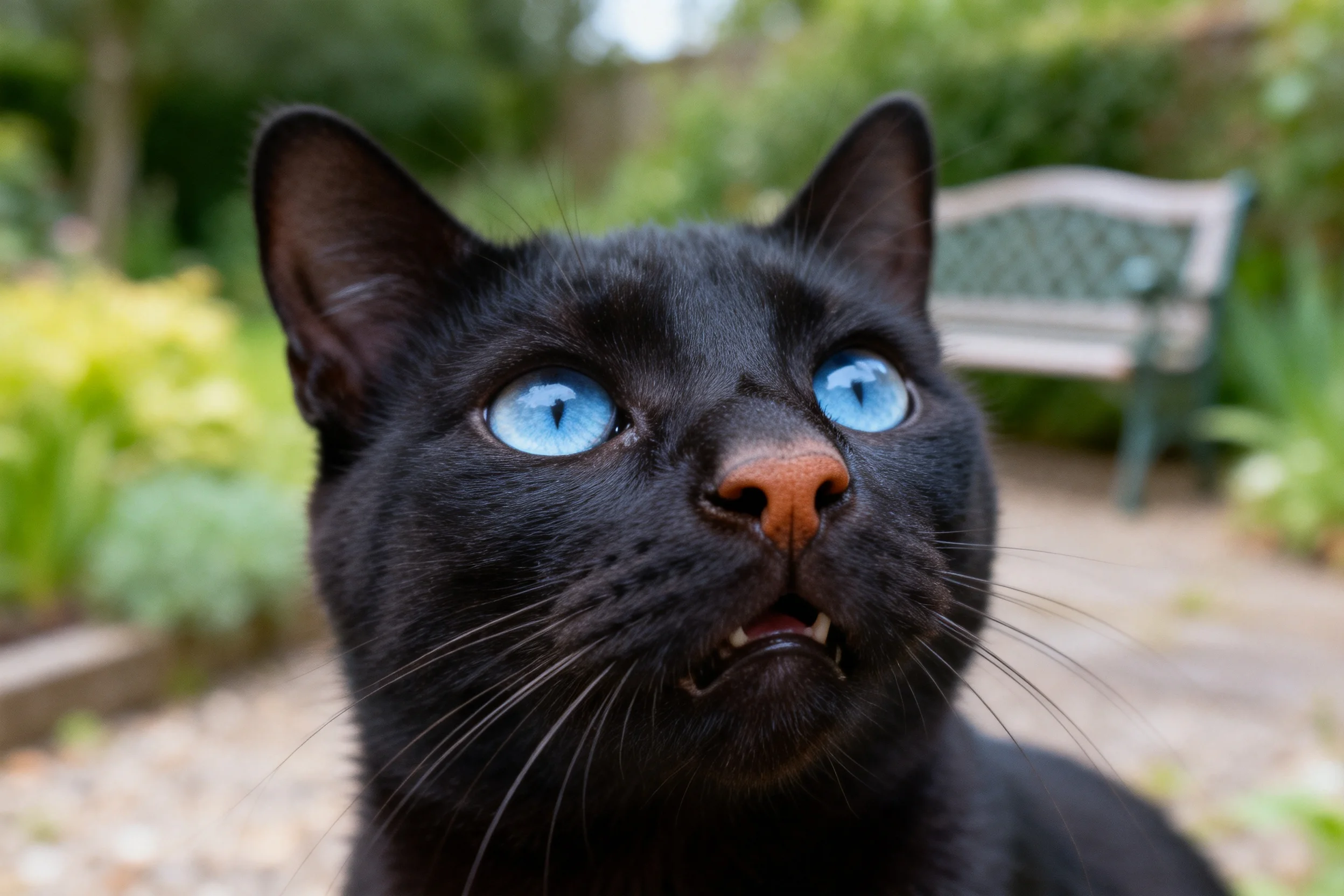 一只蓝眼睛的短毛黑猫,黑色的被毛顺滑有,正专注地凝视着上方。