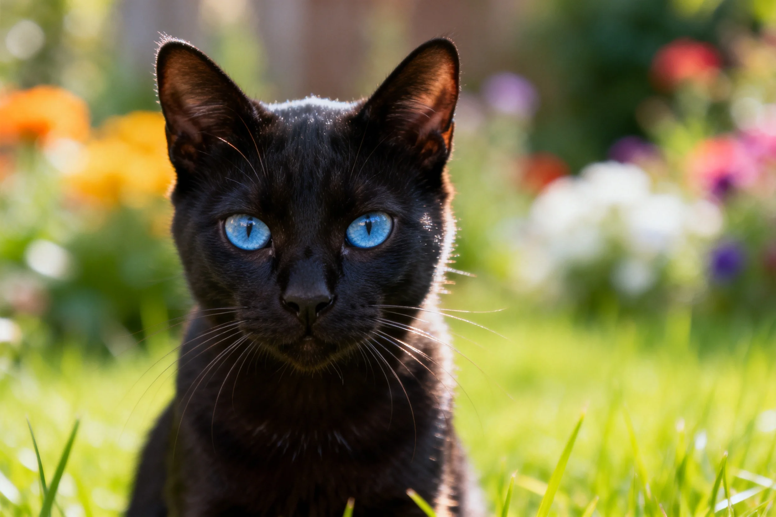 一只黑色的猫,拥有明亮的蓝色眼睛,正安静地站在花园草地上。
