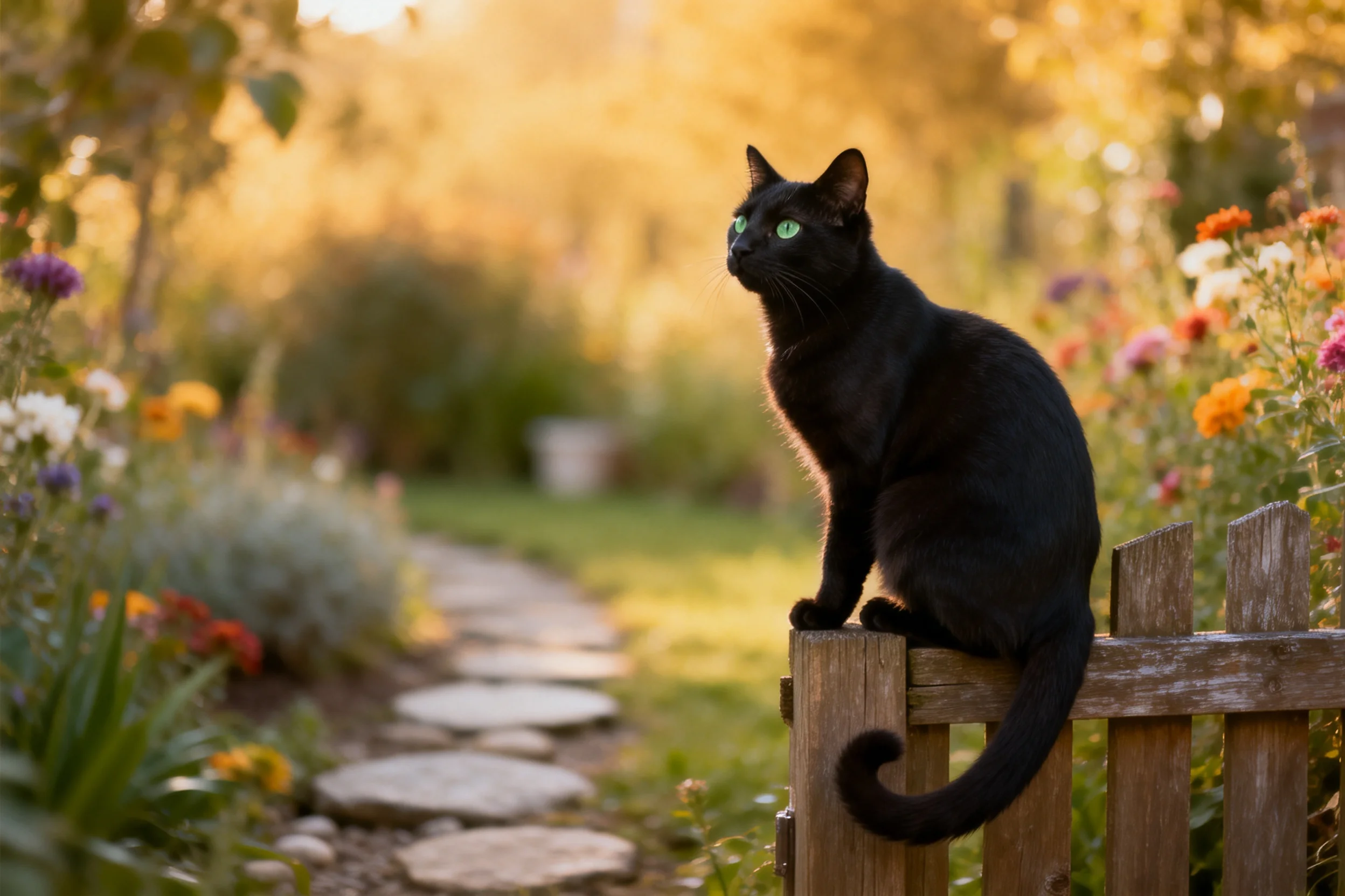 一只短毛黑猫正坐在木栅栏上,它黑色的皮毛光滑且带有光泽,绿色的眼睛明亮清澈。