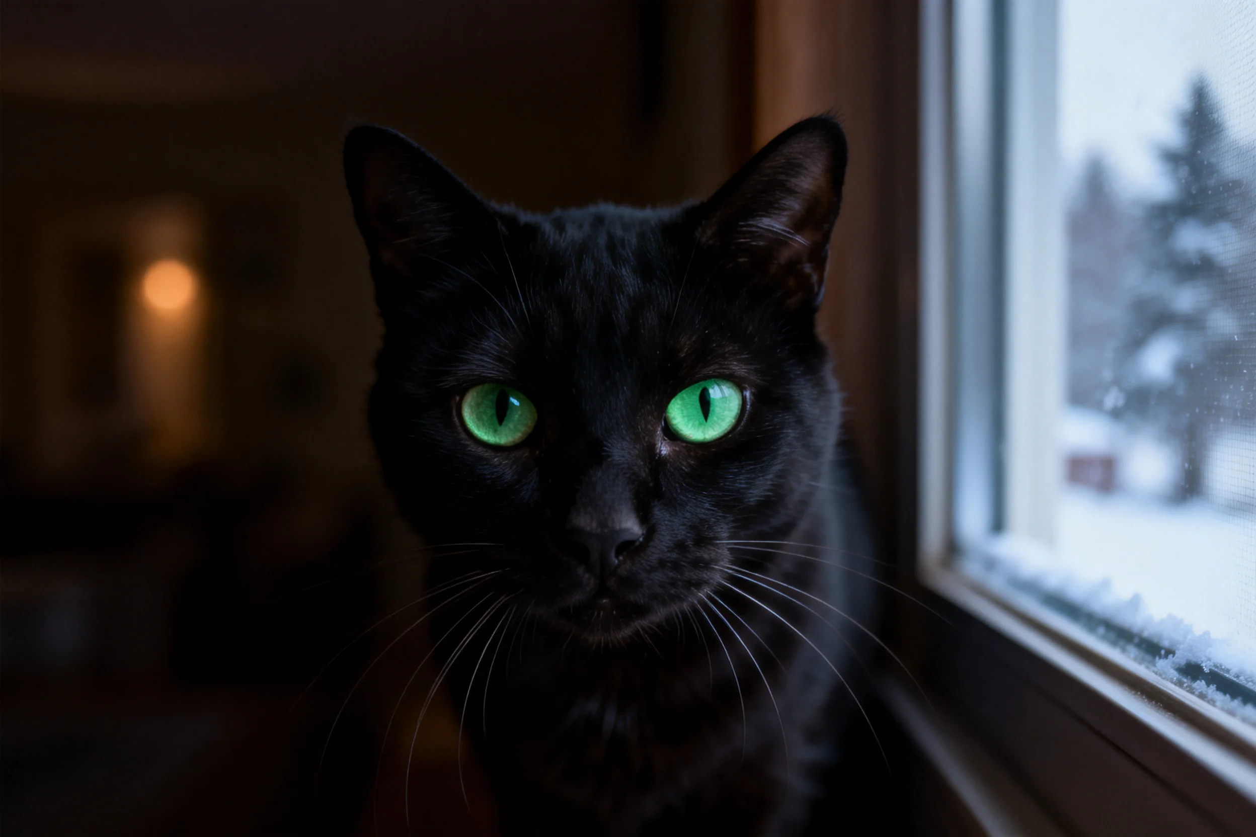 短毛黑猫有着乌黑皮毛和翠绿色眼睛，目光专注凝视前方。