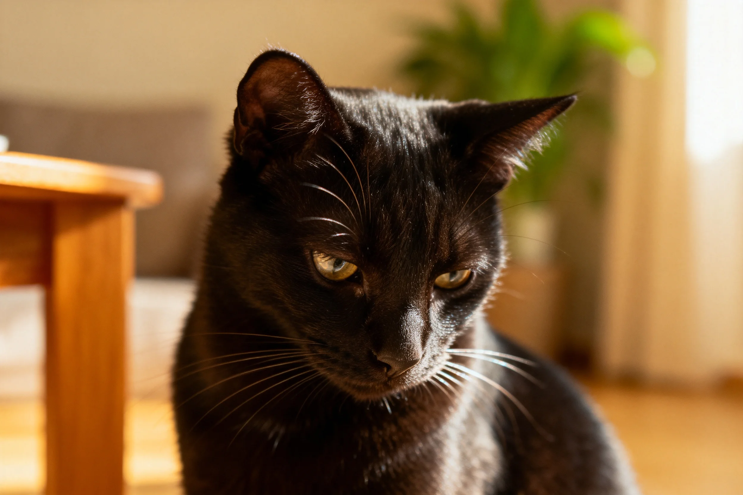 一只黑短毛家猫,眼睛半睁,胡须清晰,在室内环境中安静观察。